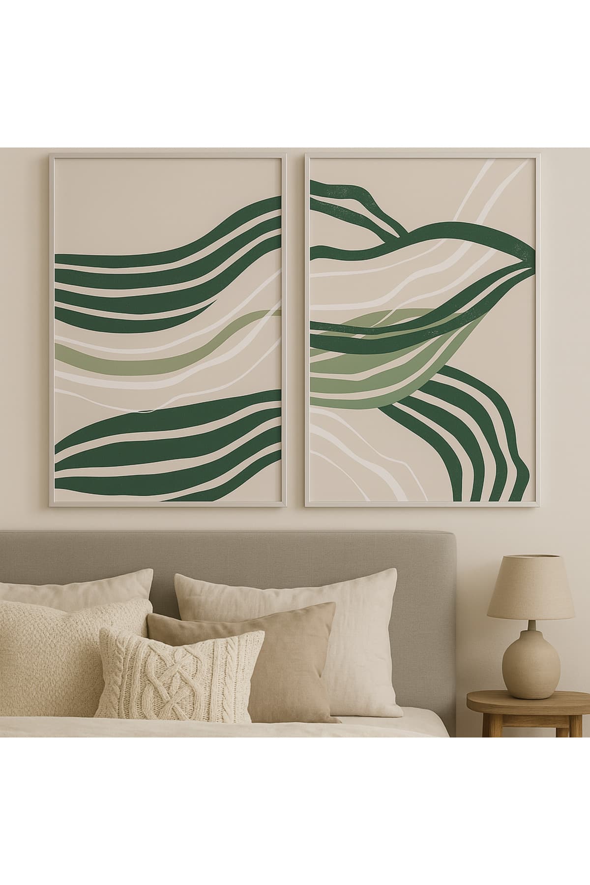 Huzurlu Katmanlar Abstract - Gerçek Cama Baskı Beyaz Alüminyum Metal Çerçeveli 2'li Modern Tablo görsel 2