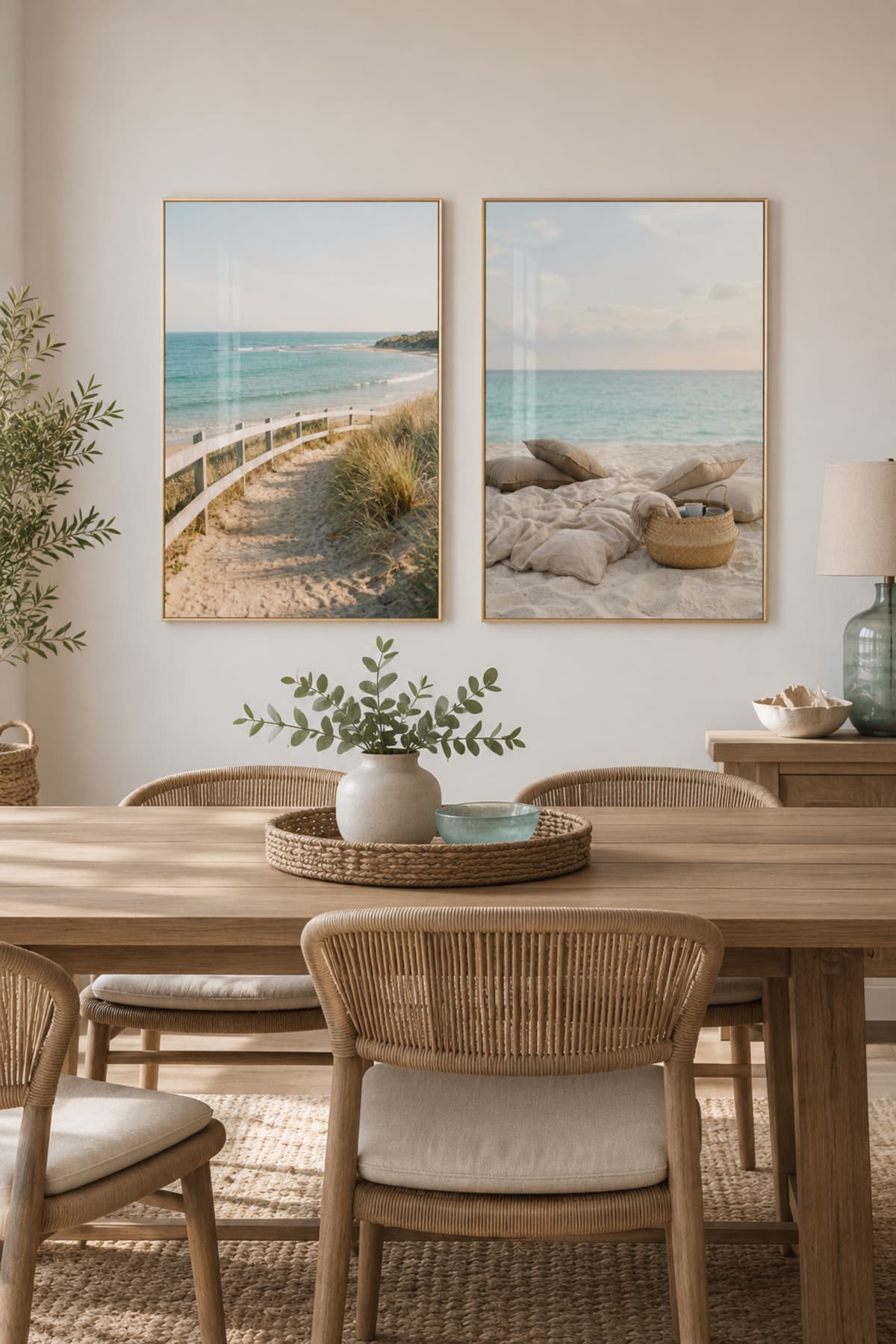 Coastal Calm - Gerçek Cama Baskı Gold Alüminyum Metal Çerçeveli İkili Modern Cam Tablo görsel 2