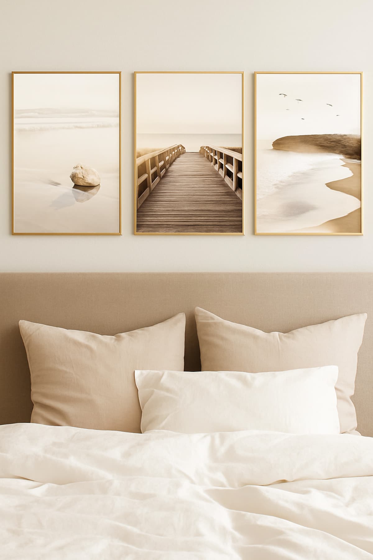 Deniz Kenarı Sessizliği - Gerçek Cama Baskı Gold Alüminyum Metal Çerçeveli 3'lü Modern Tablo görsel 2