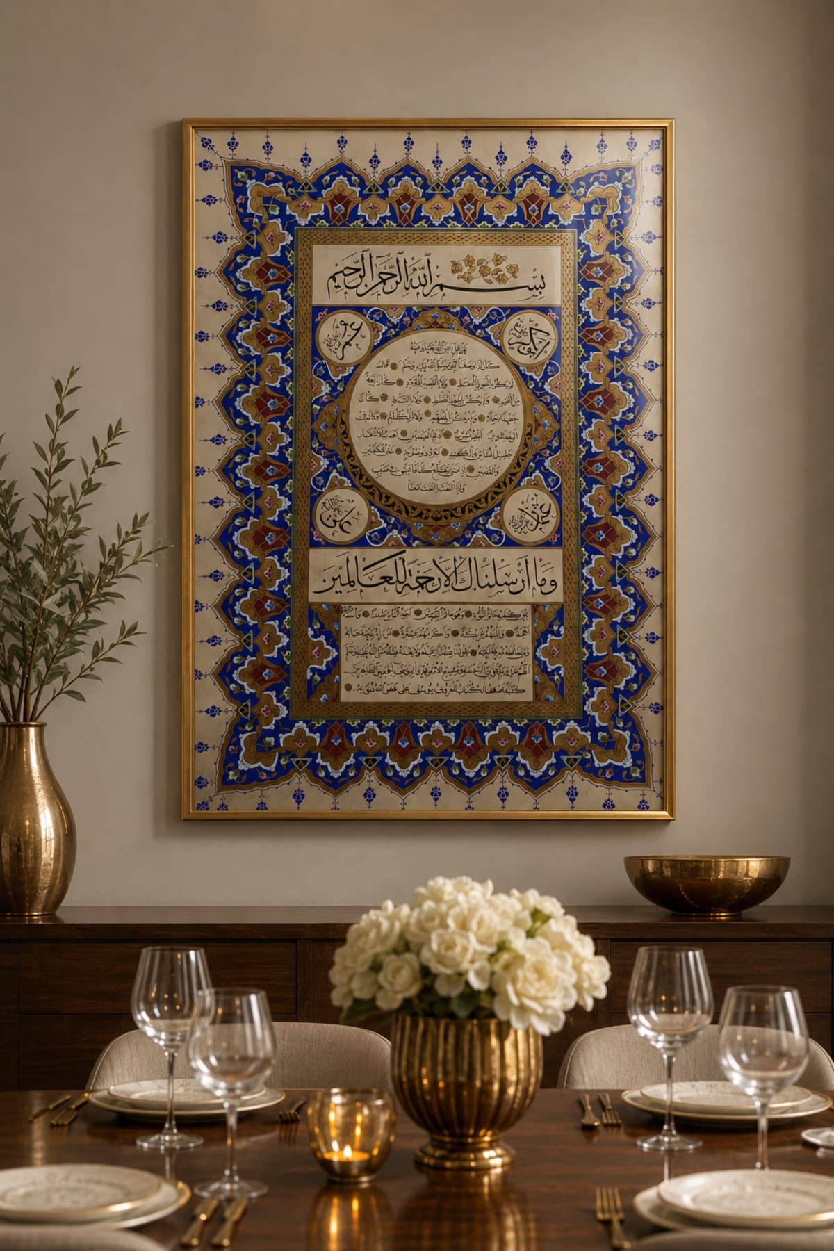 Sultanî Mavi Hilye-i Şerif - Gerçek Cama Baskı Gold Alüminyum Metal Çerçeveli Tekli Modern Cam Tablo görsel 2