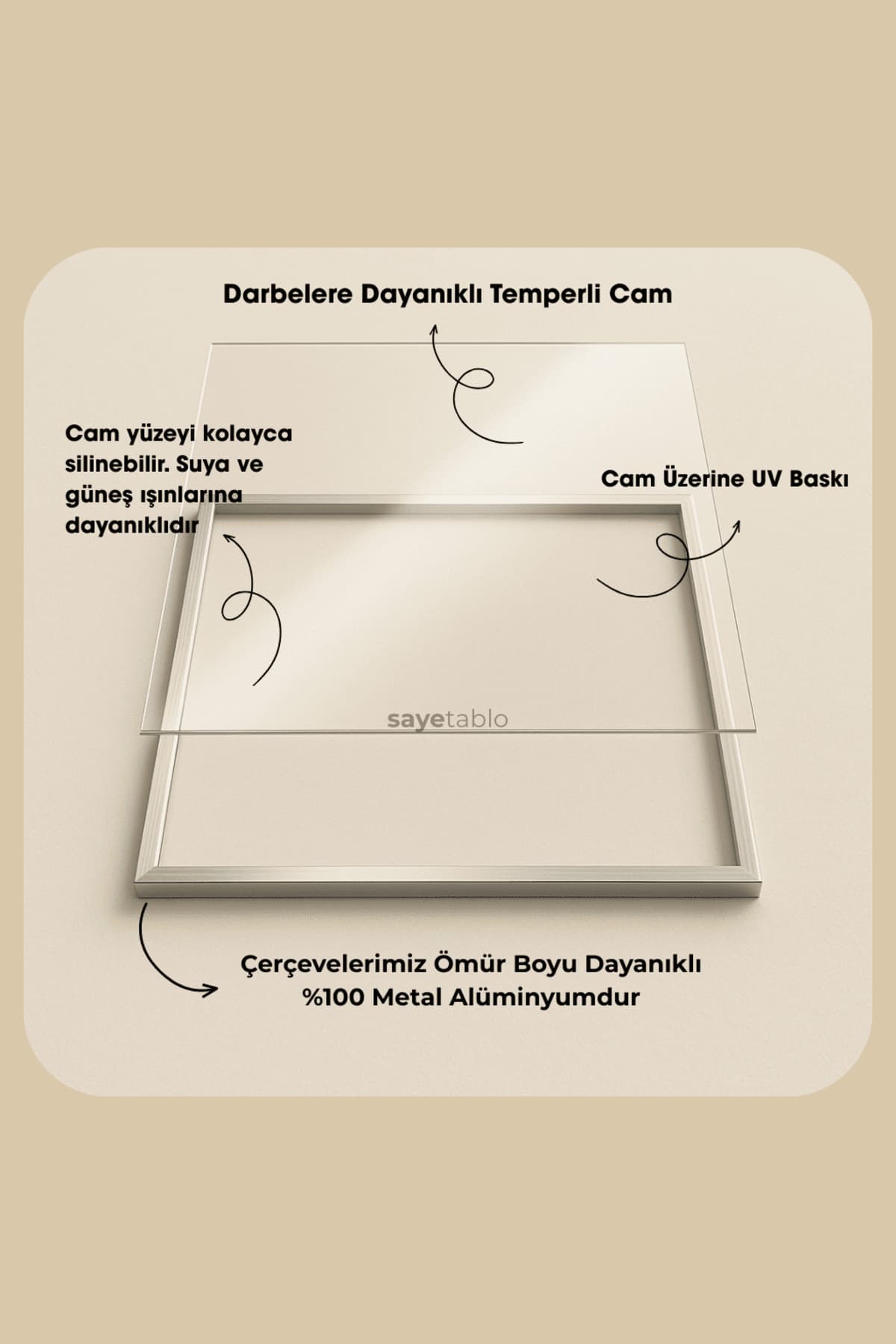 Sakin Zarafet - Gold Metal Alüminyum Çerçeveli Lüks Dekoratif Minimalist Cam Tablo görsel 4