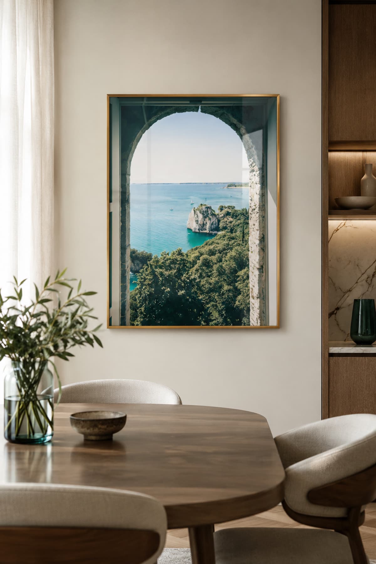 Azure Vista - Gerçek Cama Baskı Gold Alüminyum Metal Çerçeveli Tekli Modern Cam Tablo görsel 2