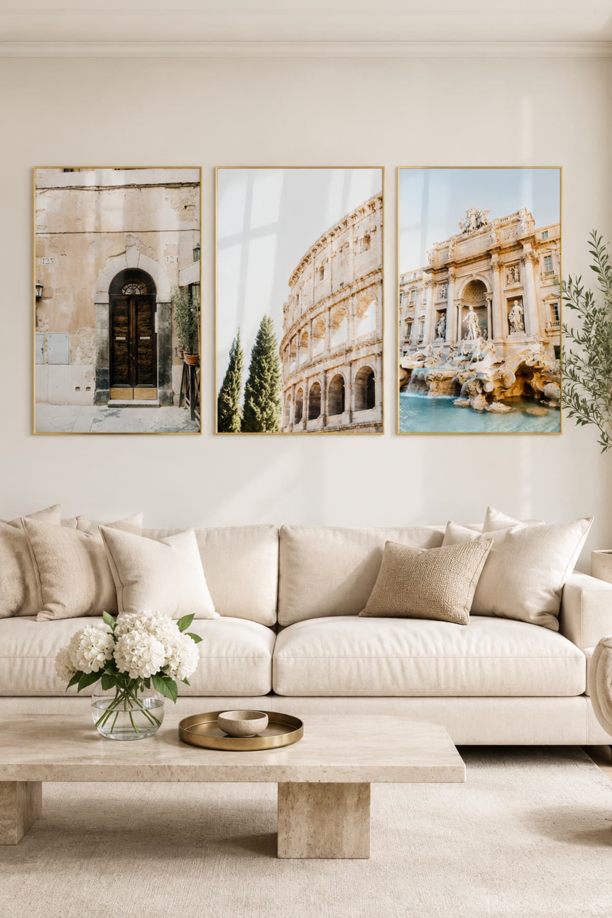 Klasik Roma Esintisi - Gerçek Cama Baskı Gold Alüminyum Metal Çerçeveli Üçlü Modern Cam Tablo görsel 2