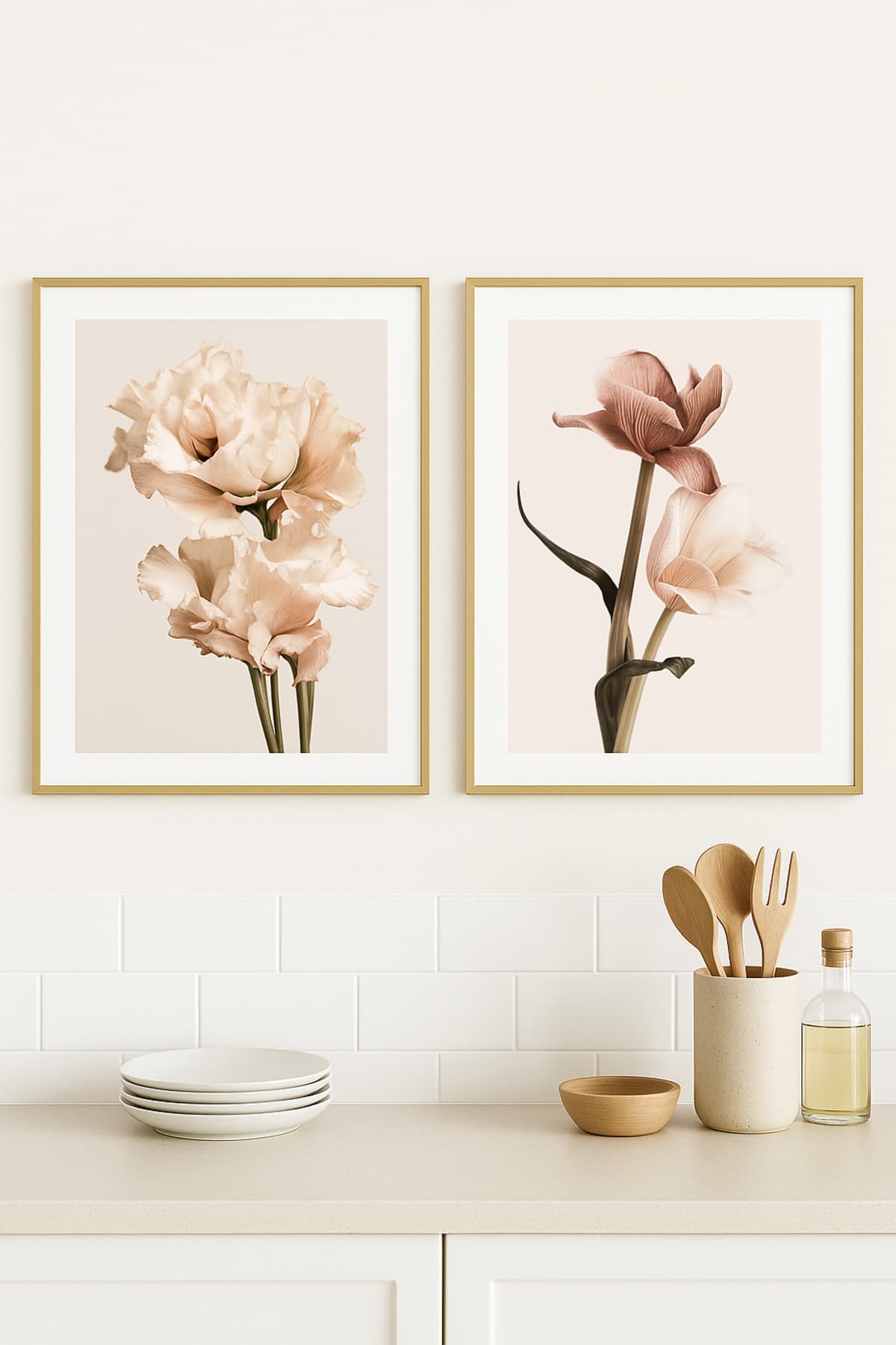 Roselle Paspartulu - Gerçek Cama Baskı Gold Alüminyum Metal Çerçeveli 2'li Modern Tablo görsel 2