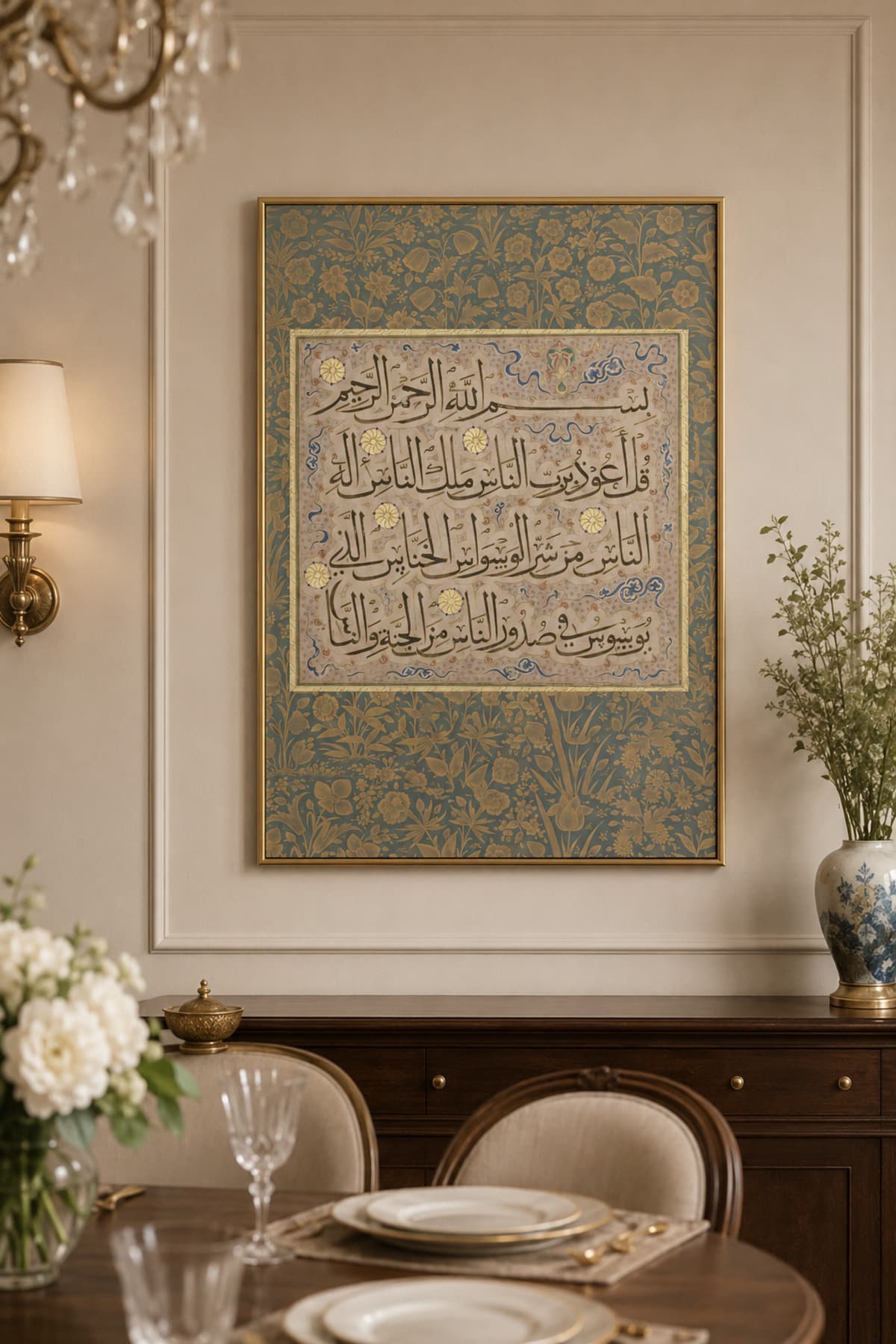 Nas Suresi - Gerçek Cama Baskı Gold Alüminyum Metal Çerçeveli Tekli Modern Cam Tablo görsel 2