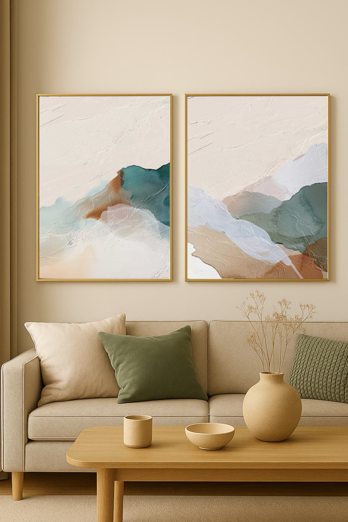 Doğanın Akışı Abstract - Gerçek Cama Baskı Gold Alüminyum Metal Çerçeveli 2'li Modern Tablo görsel 2
