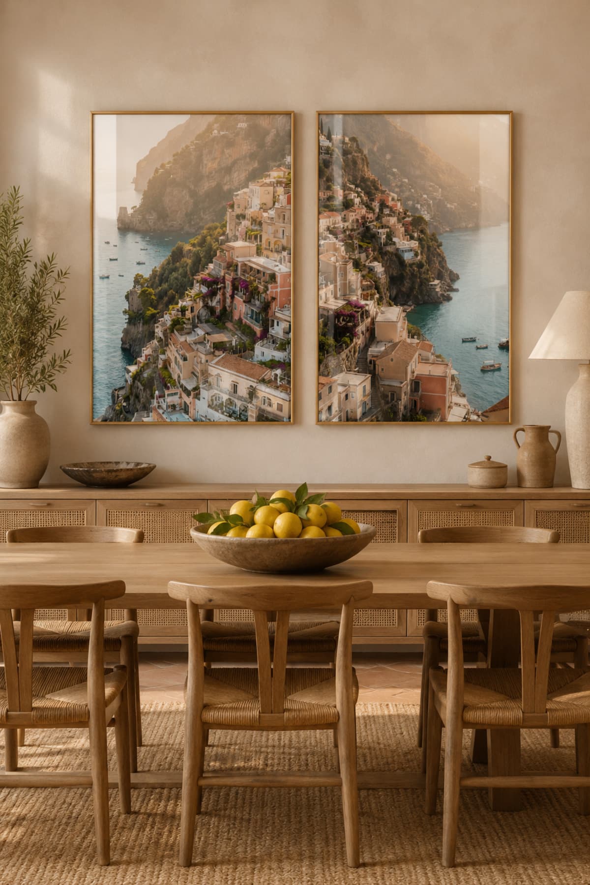 Amalfi Işıltısı - Gerçek Cama Baskı Gold Alüminyum Metal Çerçeveli İkili Modern Cam Tablo görsel 2
