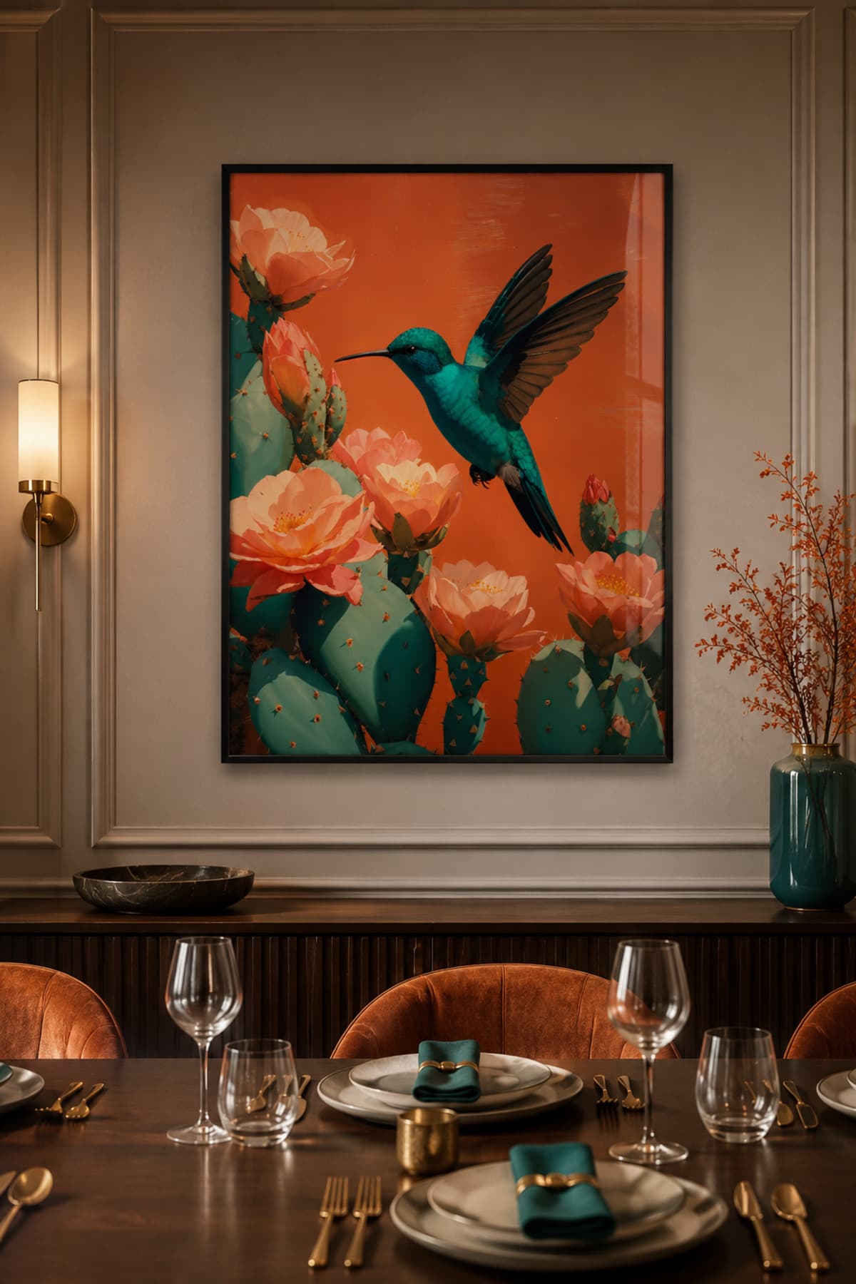 Hummingbird Bloom - Gerçek Cama Baskı Siyah Alüminyum Metal Çerçeveli Tekli Modern Cam Tablo görsel 2