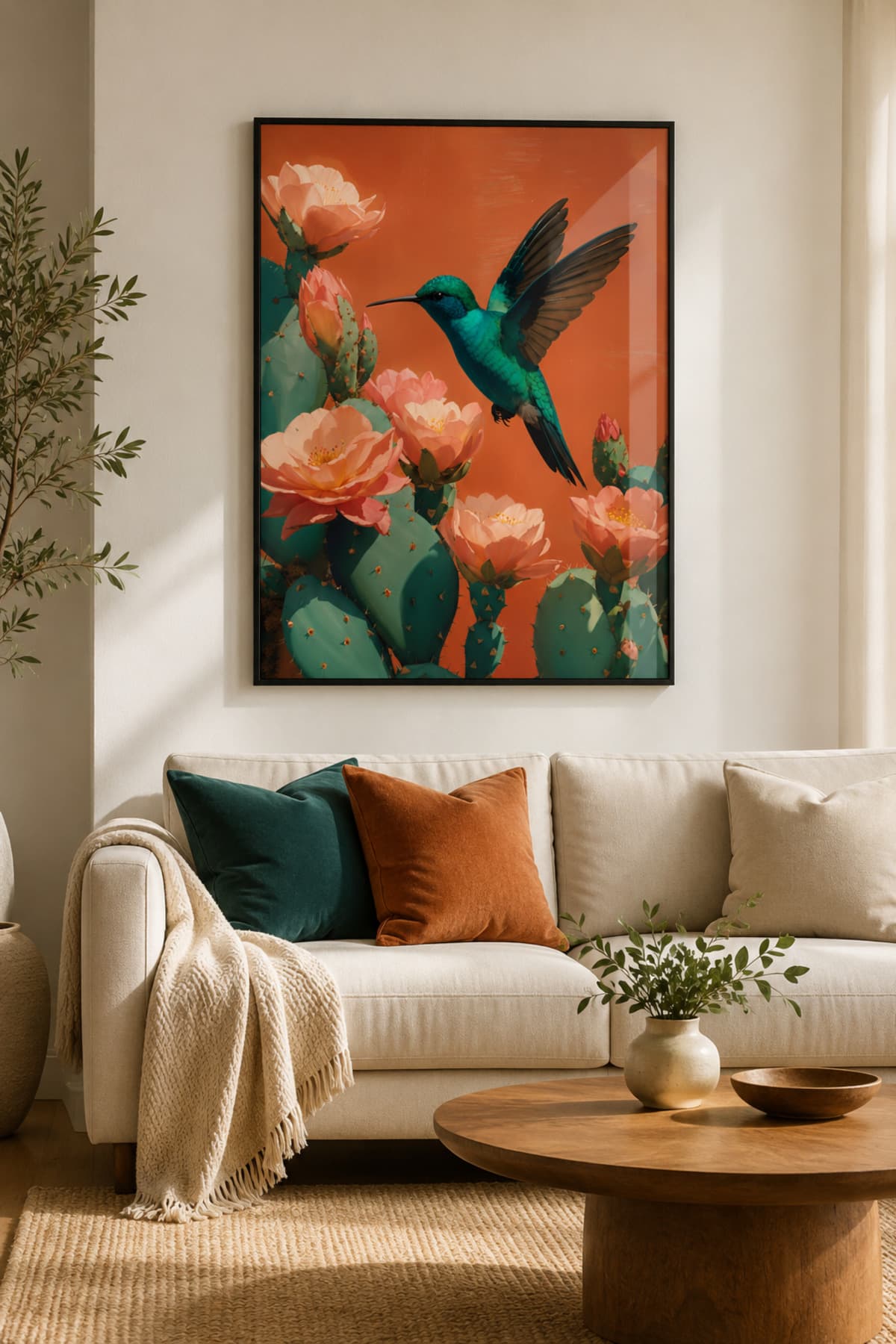 Hummingbird Bloom - Gerçek Cama Baskı Siyah Alüminyum Metal Çerçeveli Tekli Modern Cam Tablo