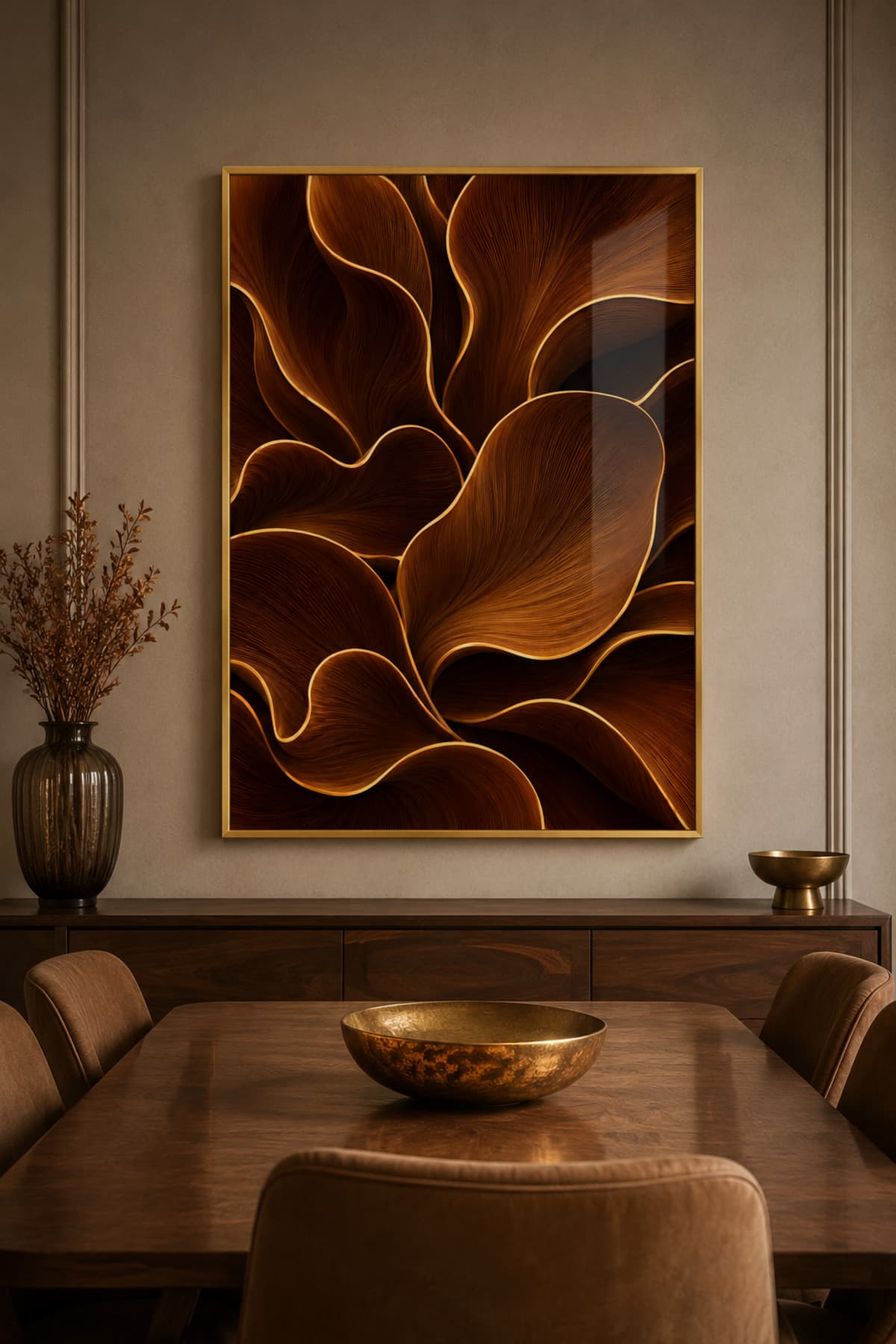 Gold Lines - Gerçek Cama Baskı Gold Alüminyum Metal Çerçeveli Tekli Modern Cam Tablo görsel 2
