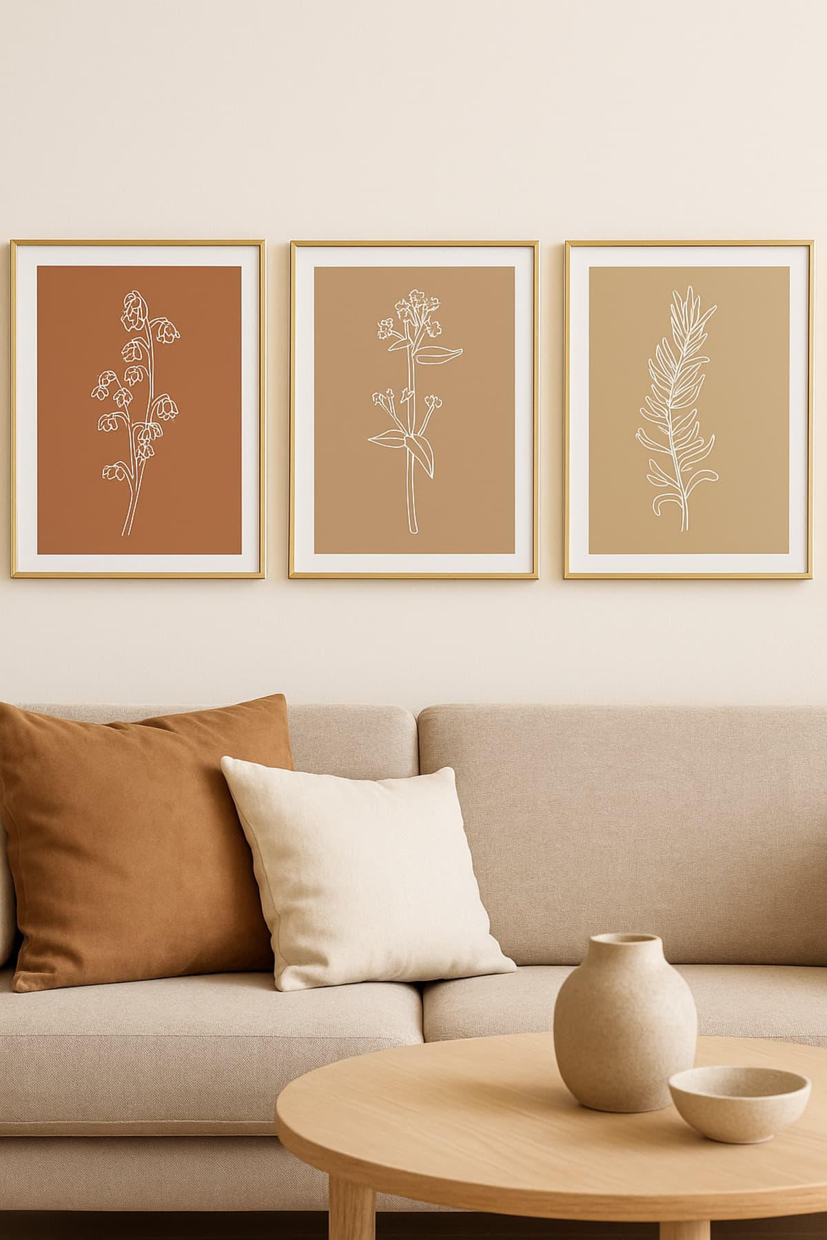 Bohem Çizgili Sanat Zarif Çiçek – Gerçek Cama Baskı Gold Alüminyum Metal Çerçeveli 3'lü Modern Tablo görsel 2