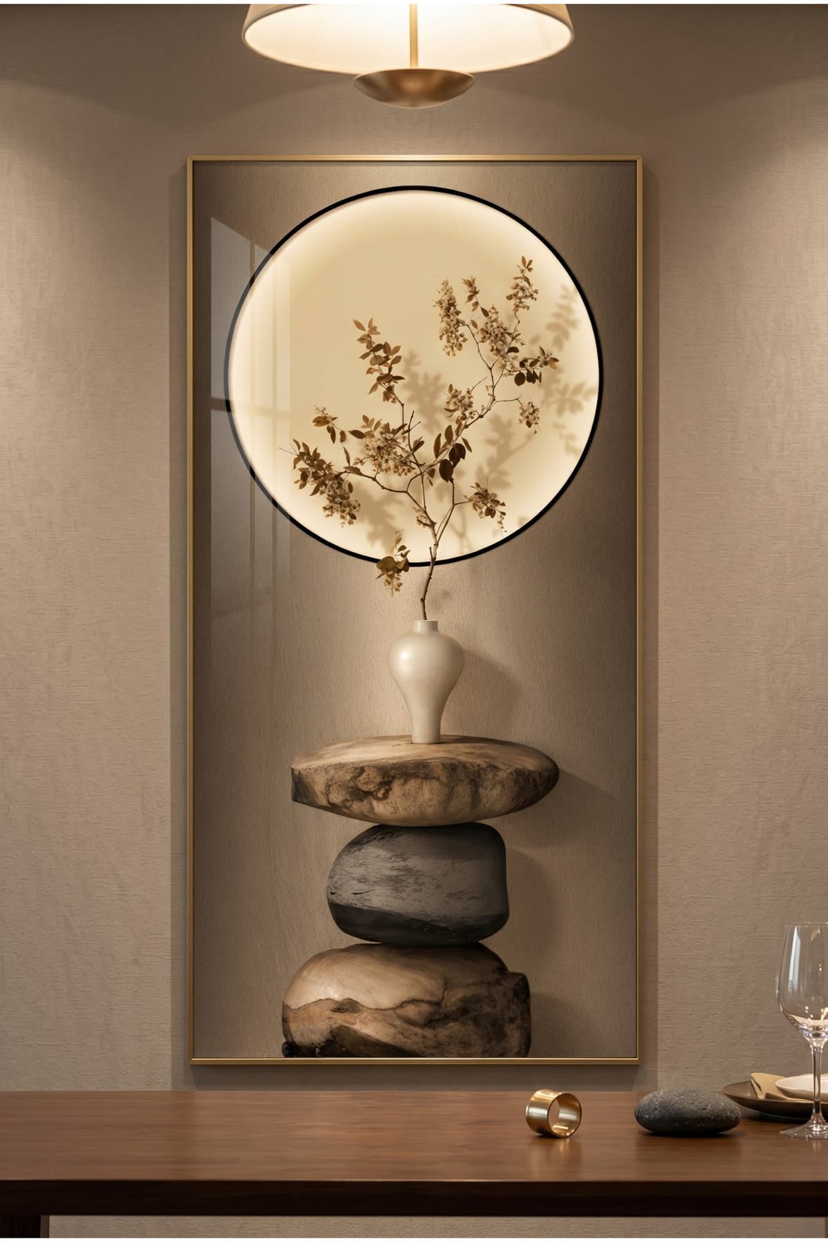 Tranquil Equilibrium - Gerçek Cama Baskı Gold Alüminyum Metal Çerçeveli Tekli Dikey Modern Cam Tablo görsel 2