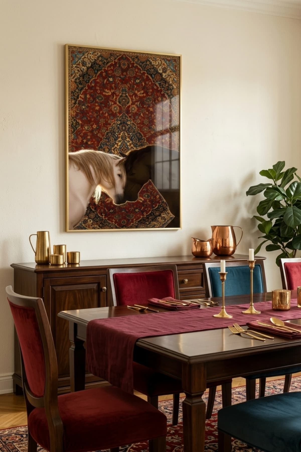 At ve Halı Motifli Dekoratif Cama Baskı Tekli Tablo - Gold Metal Alüminyum Çerçeveli Modern Salon ve Ofis Duvar Dekoru görsel 2
