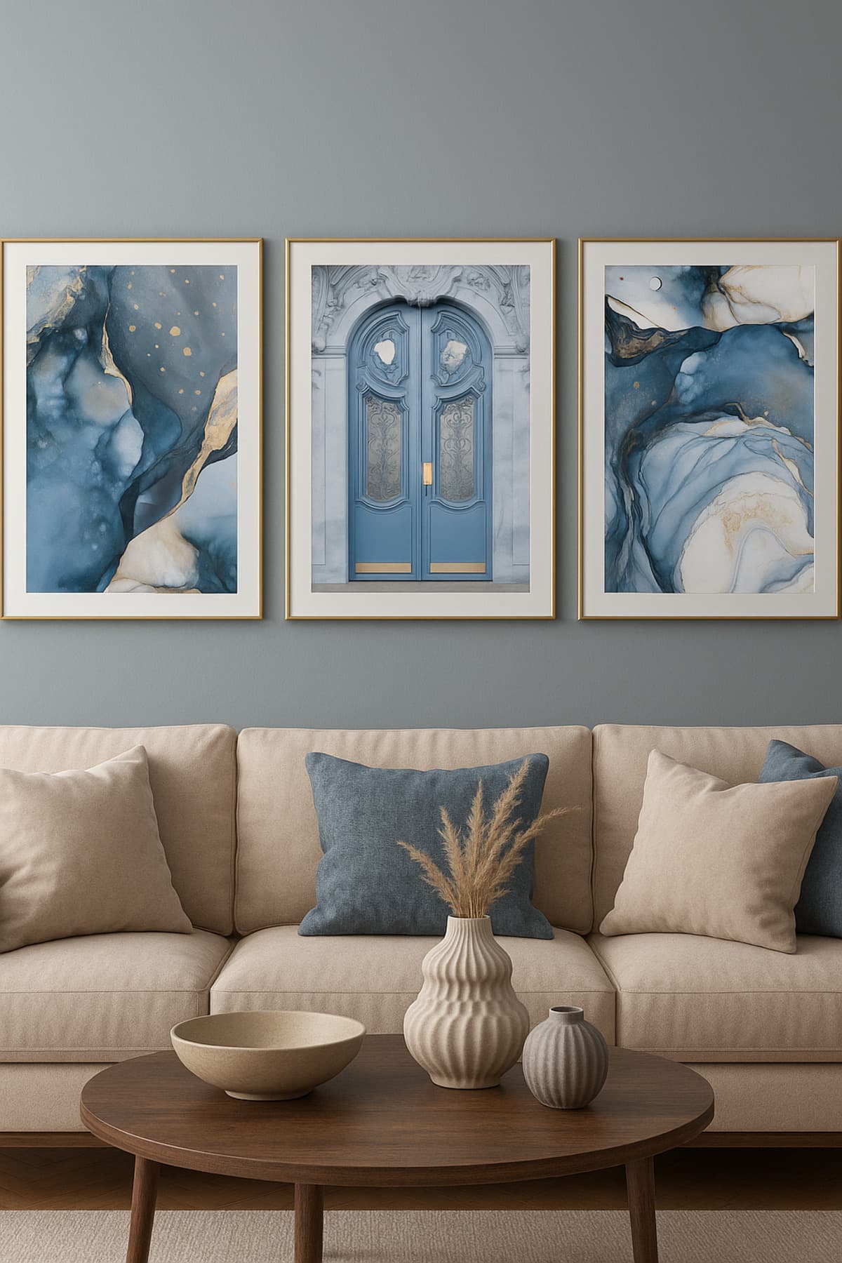 Mavinin Zarafeti Abstract – Gerçek Cama Baskı Gold Alüminyum Metal Çerçeveli 3'lü Modern Tablo görsel 2