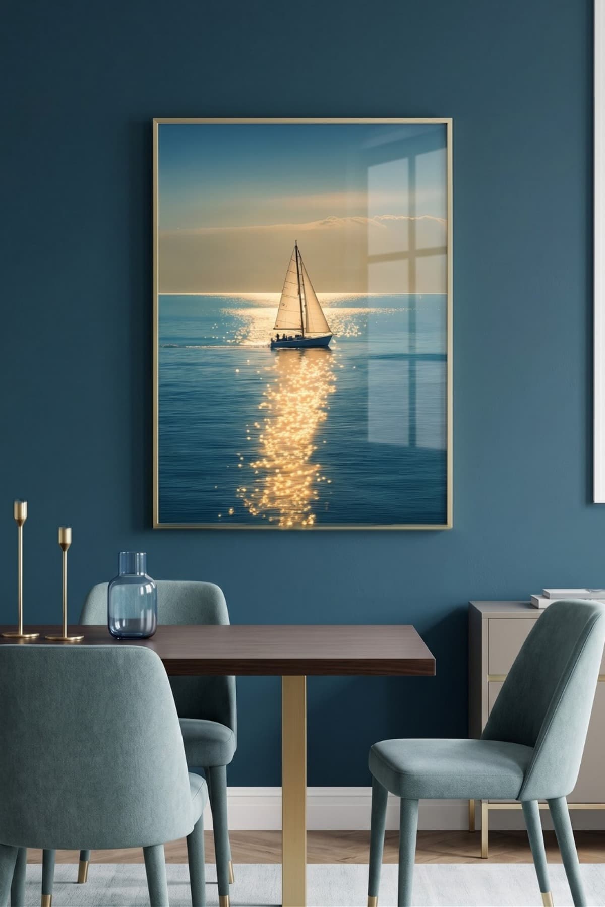 Ship On Sea - Gold Metal Alüminyum Çerçeveli Lüks Dekoratif Minimalist Tekli Cam Tablo