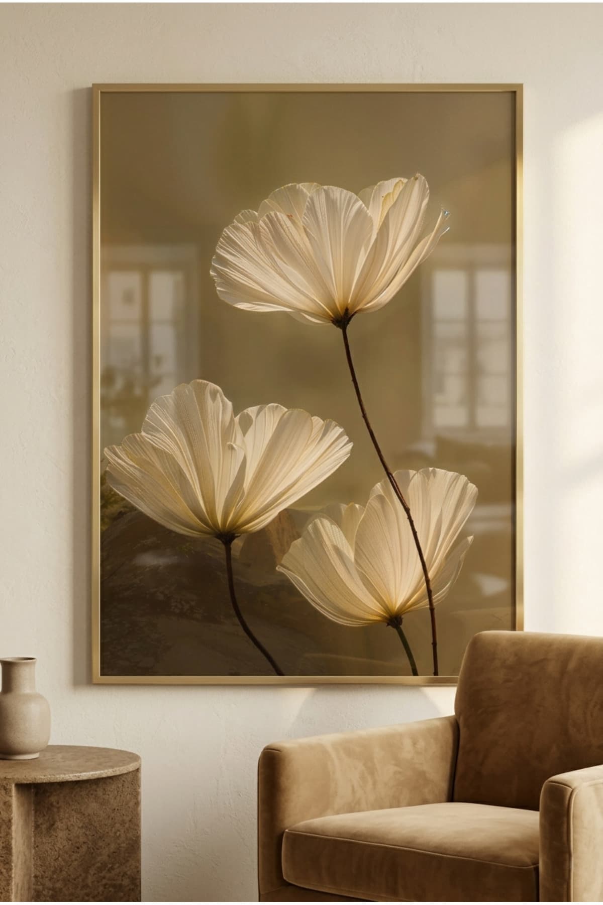 Sakin Zarafet - Gold Metal Alüminyum Çerçeveli Lüks Dekoratif Minimalist Cam Tablo