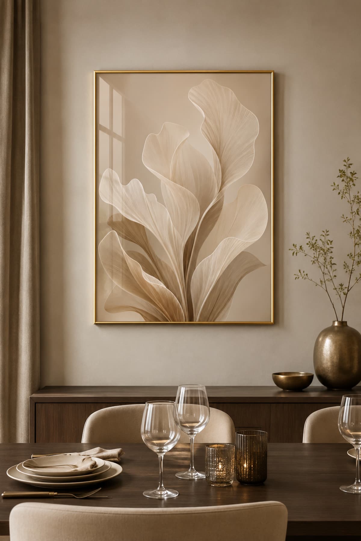 White Resonance - Gerçek Cama Baskı Gold Alüminyum Metal Çerçeveli Tekli Modern Cam Tablo görsel 2