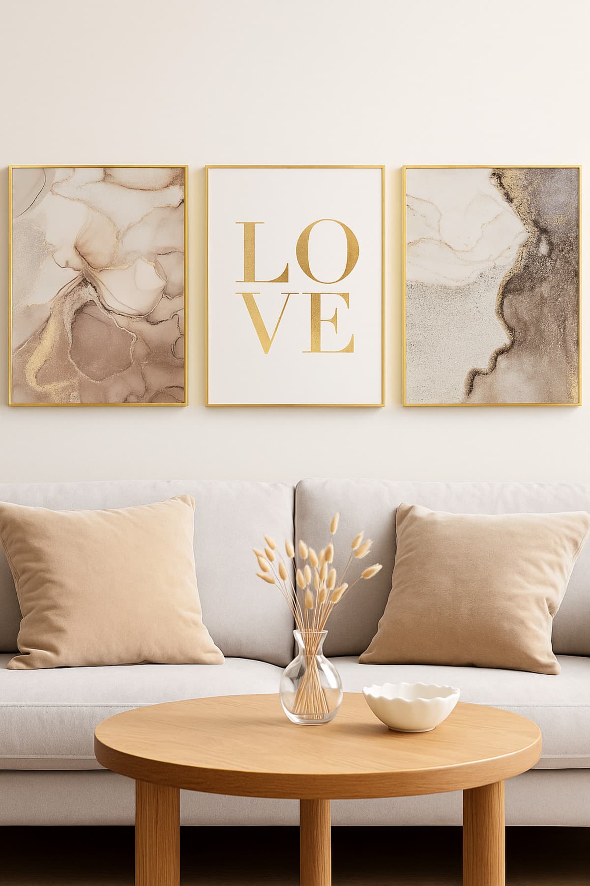 Altın Aşk Abstract Set - Gerçek Cama Baskı Gold Alüminyum Metal Çerçeveli 3'lü Modern Tablo görsel 2