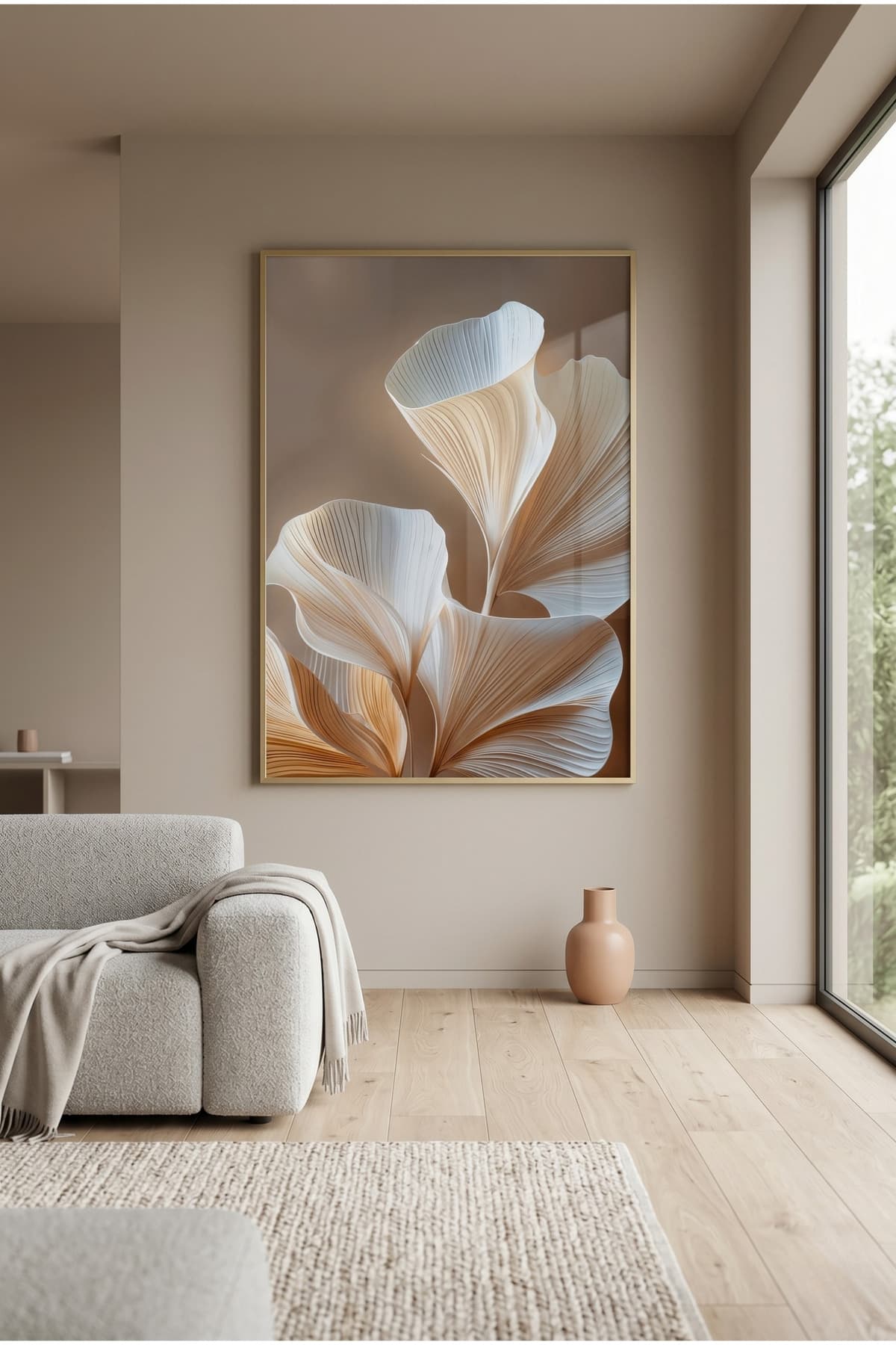 Ginkgo Serenade - Gerçek Cama Baskı Gold Alüminyum Metal Çerçeveli Tekli Modern Cam Tablo görsel 2