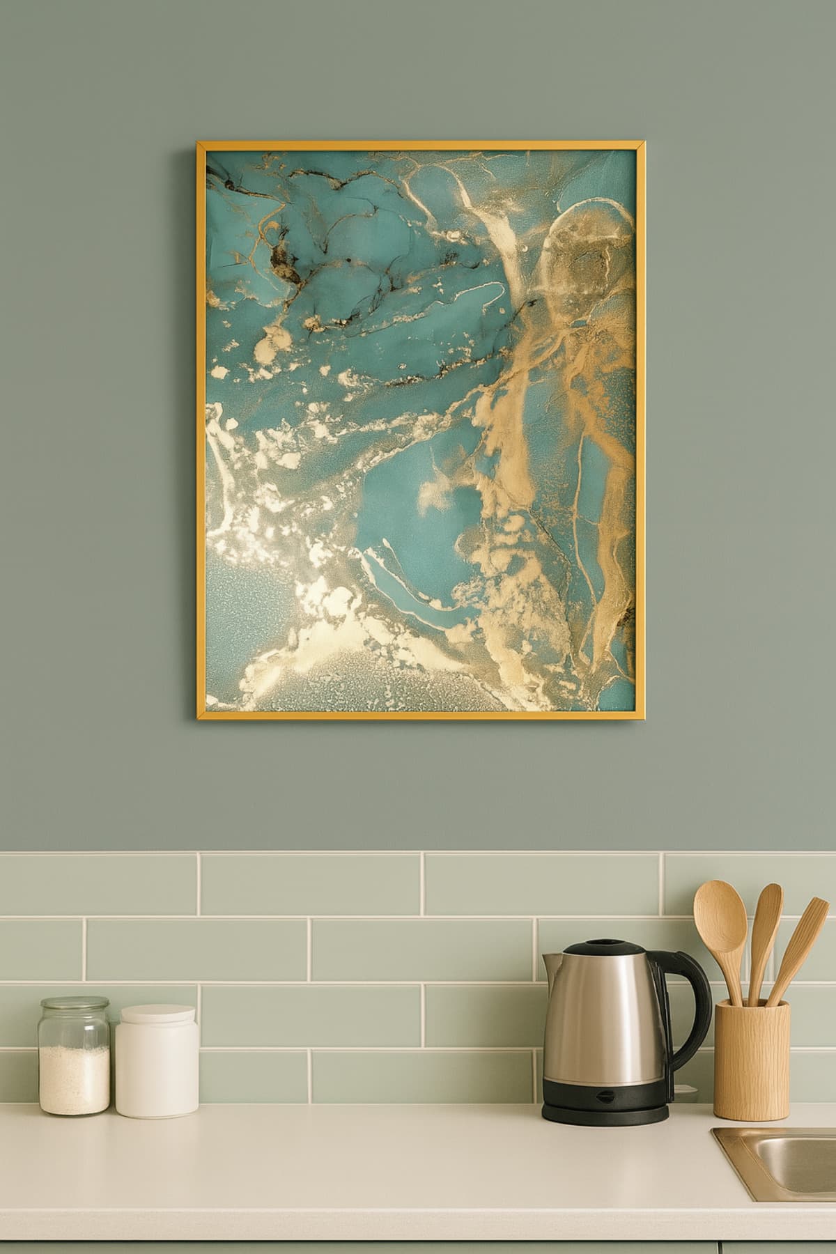 Yeşil Rüya Green Abstract Modern Tablo - Gerçek Cama Baskı Gold Alüminyum Metal Çerçeveli görsel 2