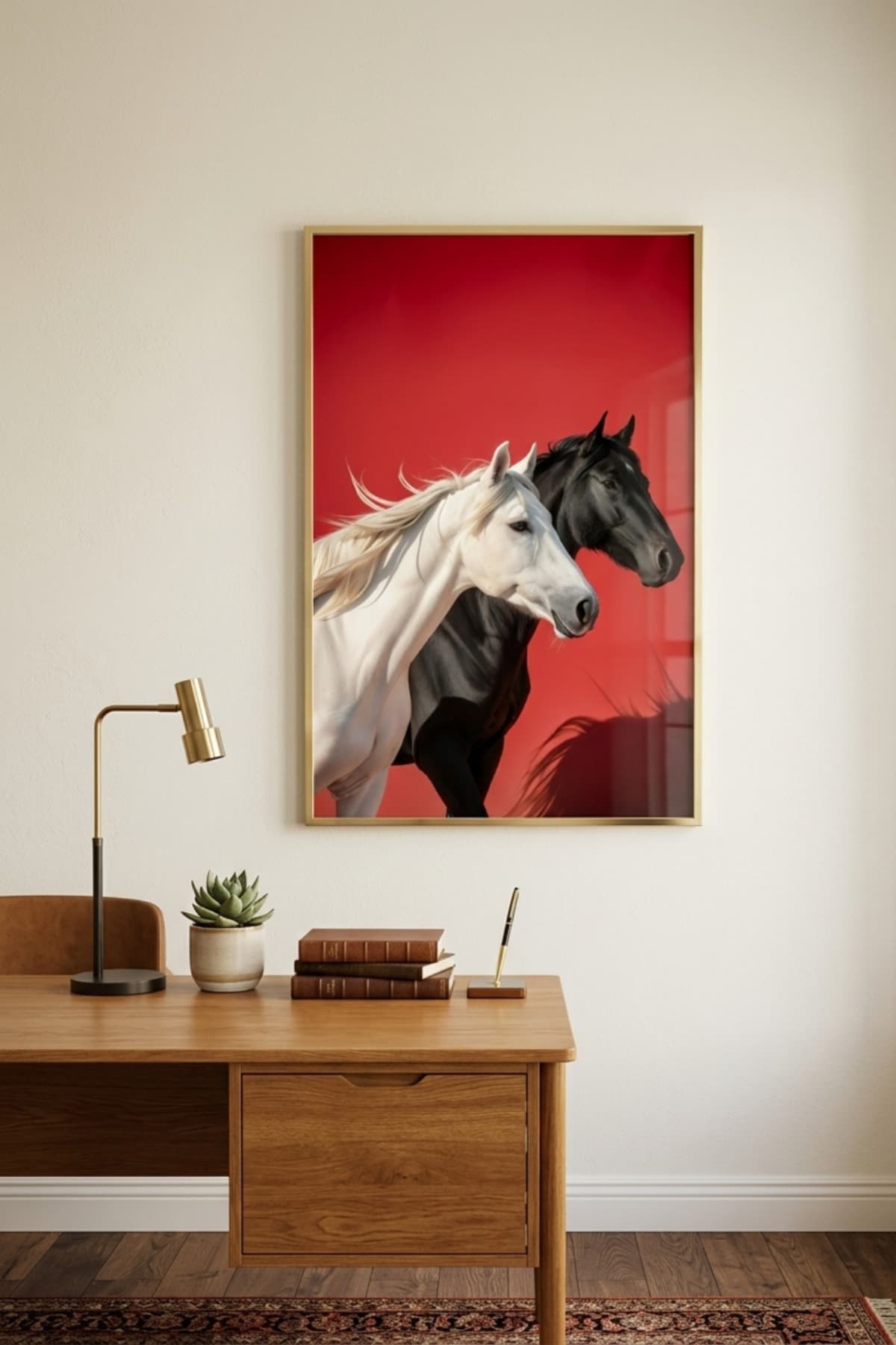Asil Atlar Cama Baskı Dekoratif Tekli Tablo - Gold Metal Alüminyum Çerçeveli Modern Salon ve Ofis Duvar Dekoru