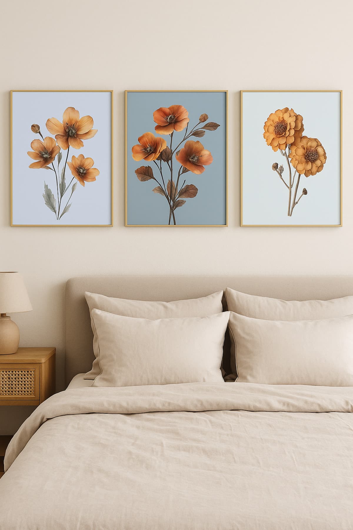Sunset Blossom – Gerçek Cama Baskı Gold Alüminyum Metal Çerçeveli 3'lü Modern Tablo görsel 2