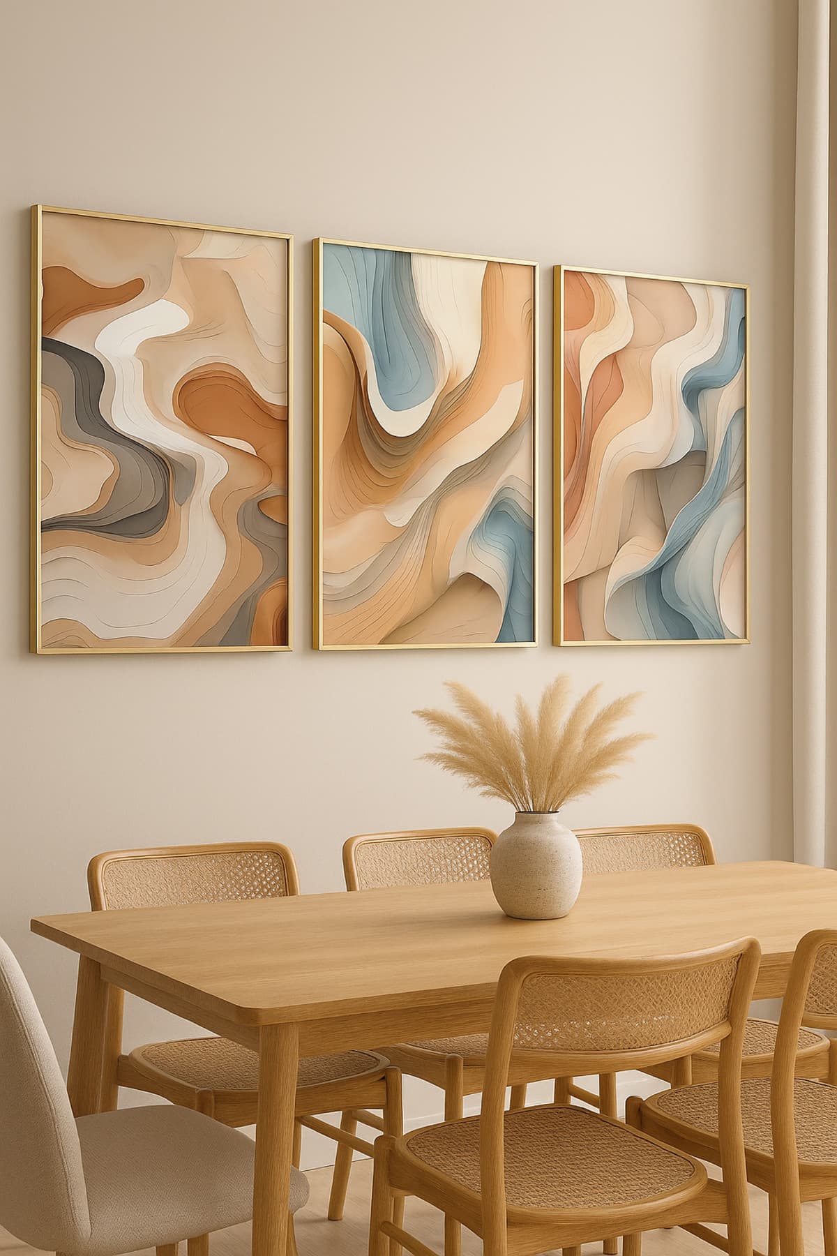 Layers of Serenity Soyut – Gerçek Cama Baskı Gold Alüminyum Metal Çerçeveli 3'lü Modern Tablo görsel 2