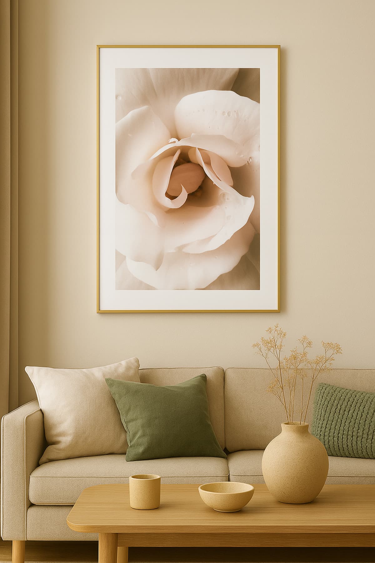 Islak Gül - Gerçek Cama Baskı Gold Alüminyum Metal Çerçeveli Tekli Modern Tablo görsel 2