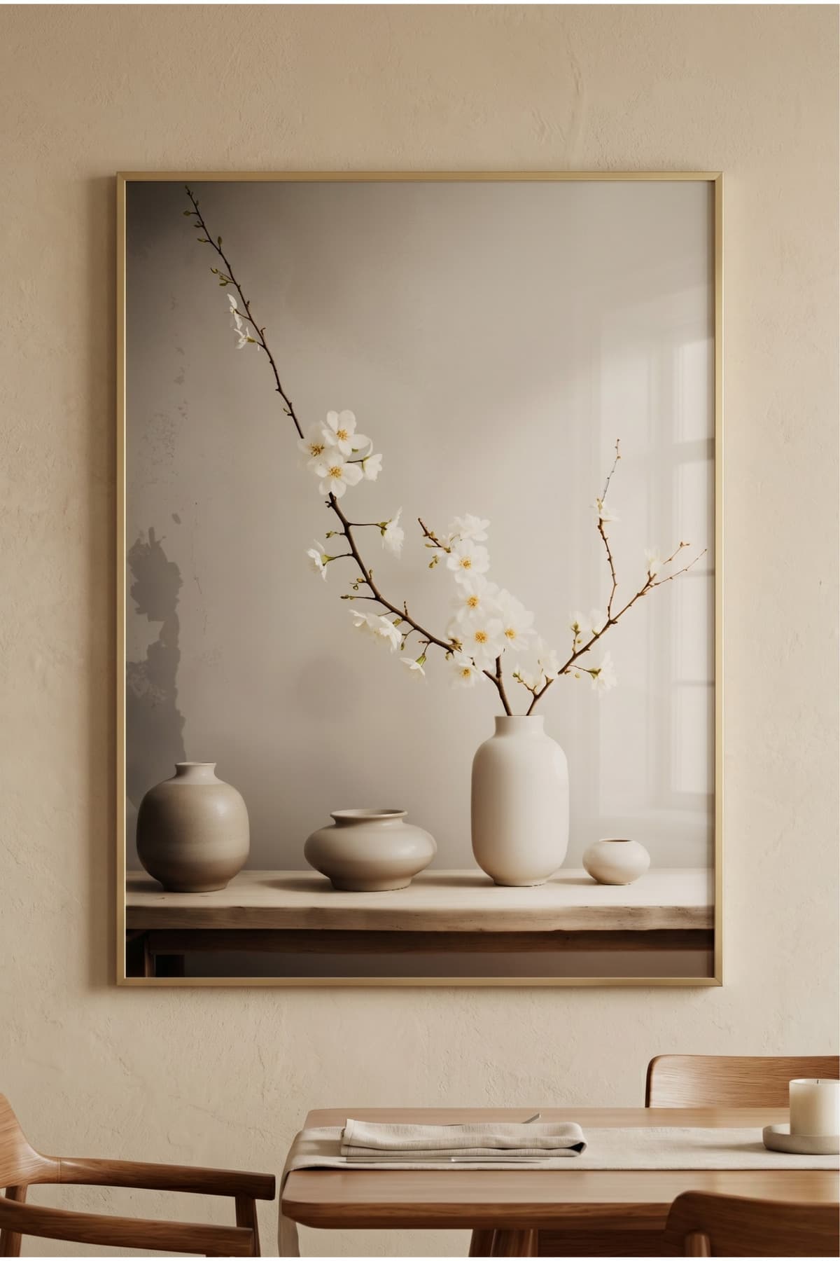 Pure Blossoms - Gerçek Cama Baskı Gold Alüminyum Metal Çerçeveli Tekli Modern Cam Tablo