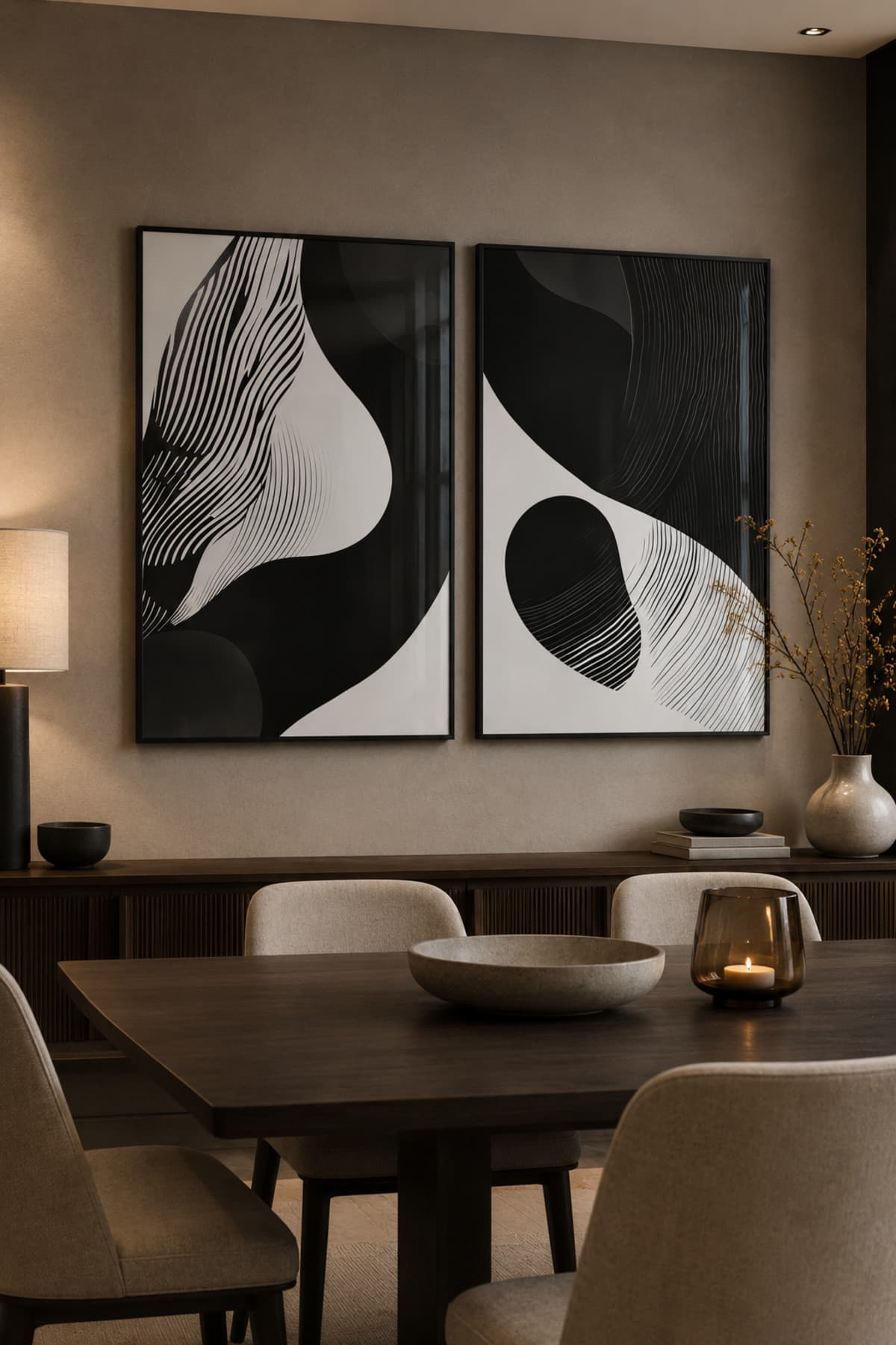Monochrome - Gerçek Cama Baskı Siyah Alüminyum Metal Çerçeveli İkili Modern Cam Tablo görsel 2