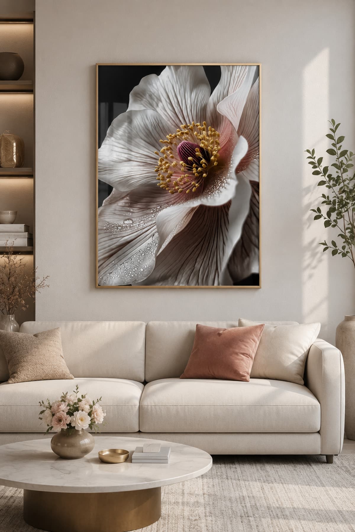 Nacre - Gerçek Cama Baskı Gold Alüminyum Metal Çerçeveli Tekli Modern Cam Tablo görsel 2