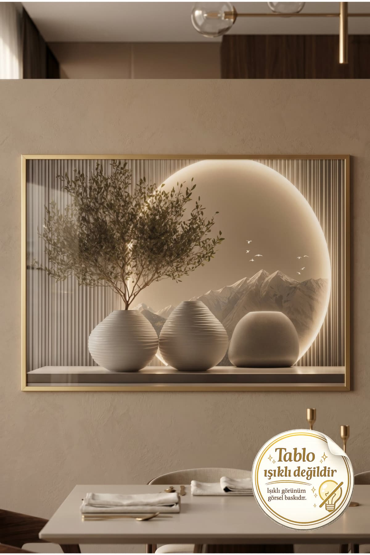Luminous Peaks - Gerçek Cama Baskı Gold Alüminyum Metal Çerçeveli Tekli Modern Cam Tablo görsel 2