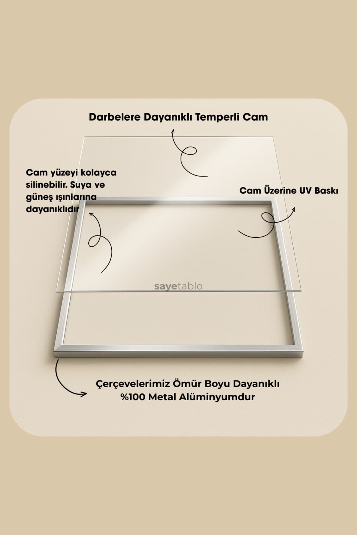 Allah, Vatan, Namus, İttihat - Gerçek Cama Baskı Siyah Alüminyum Metal Çerçeveli Tekli Modern Cam Tablo görsel 4