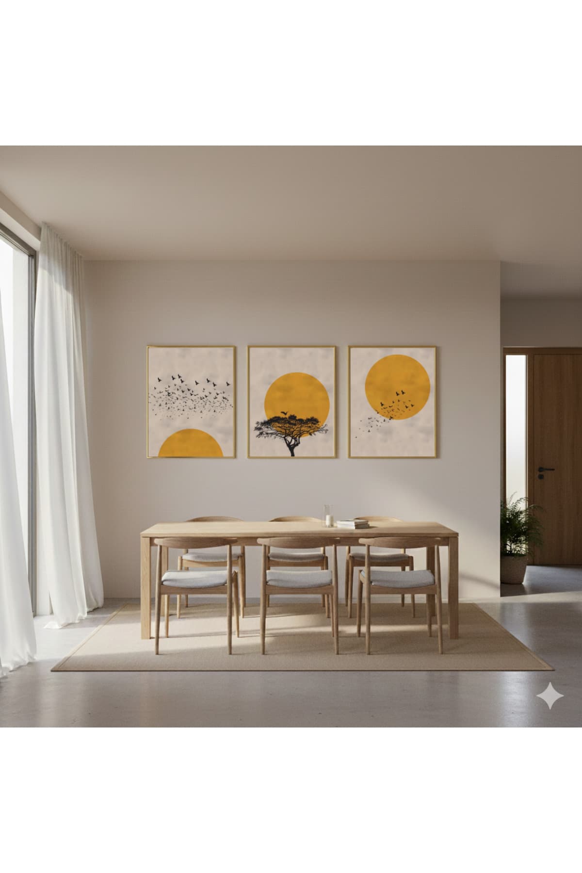 Soloca - Gerçek Cama Baskı Gold Alüminyum Metal Çerçeveli 3'lü Minimalist Cam Tablo görsel 2
