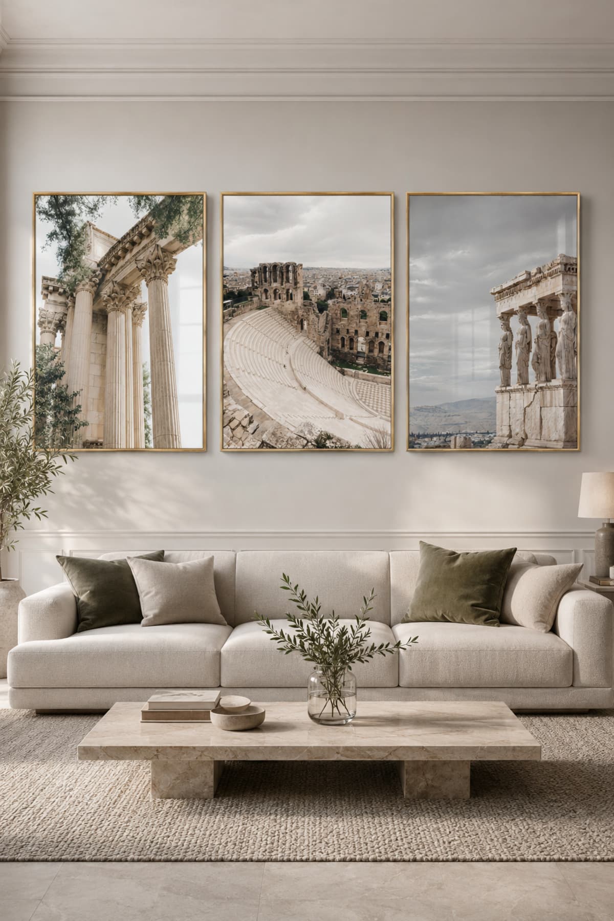 Atina İzleri - Gerçek Cama Baskı Gold Alüminyum Metal Çerçeveli Üçlü Modern Cam Tablo görsel 2