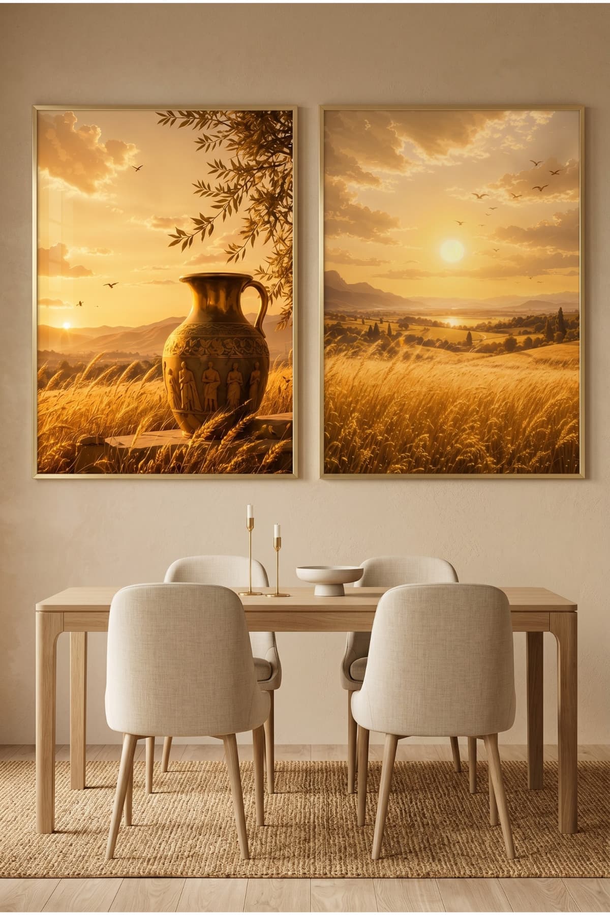 Voice of Nature - Gerçek Cama Baskı Gold Alüminyum Metal Çerçeveli İkili Modern Cam Tablo görsel 2
