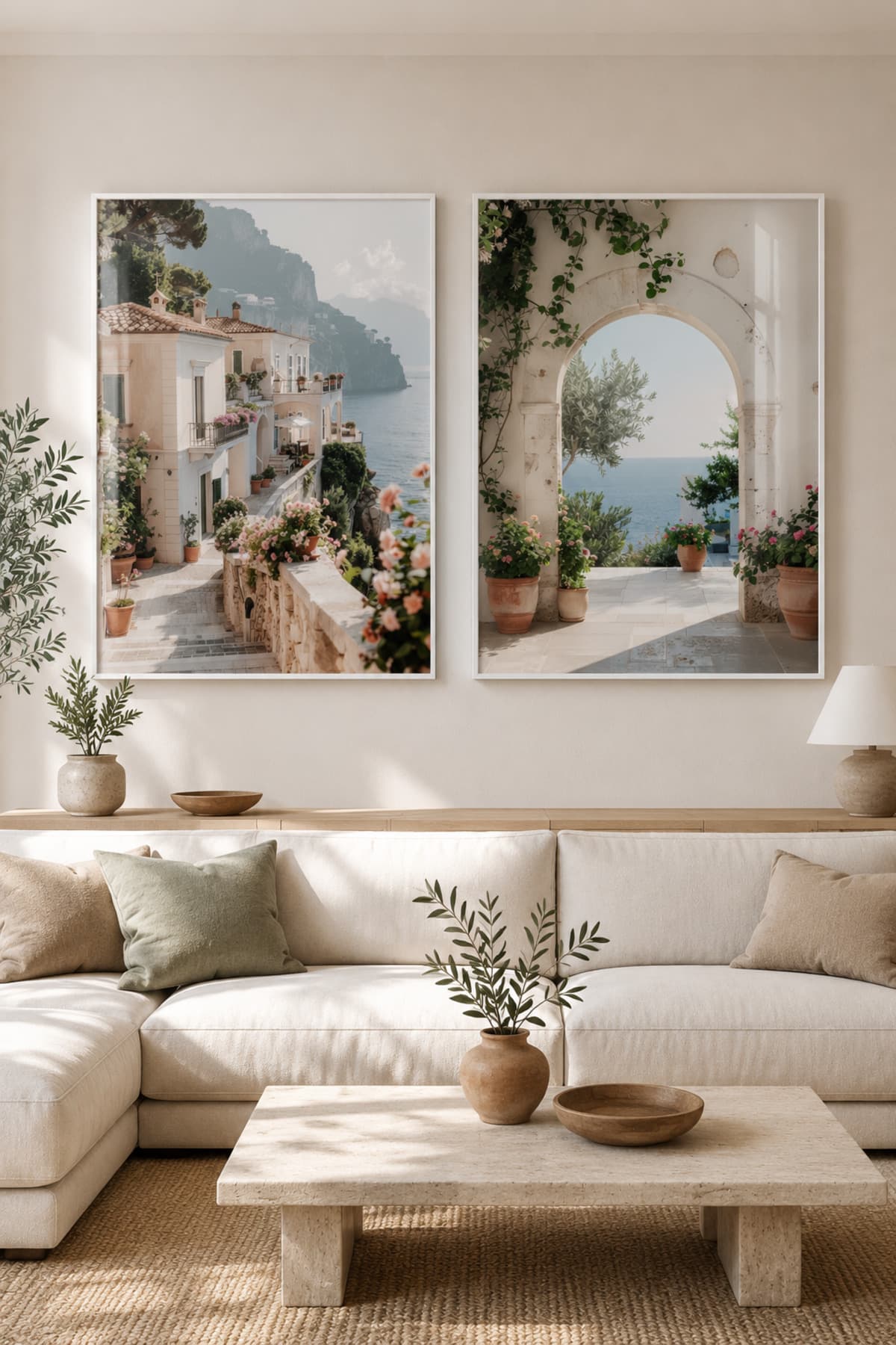 Amalfi Serenity - Gerçek Cama Baskı Gold Alüminyum Metal Çerçeveli İkili Modern Cam Tablo görsel 2