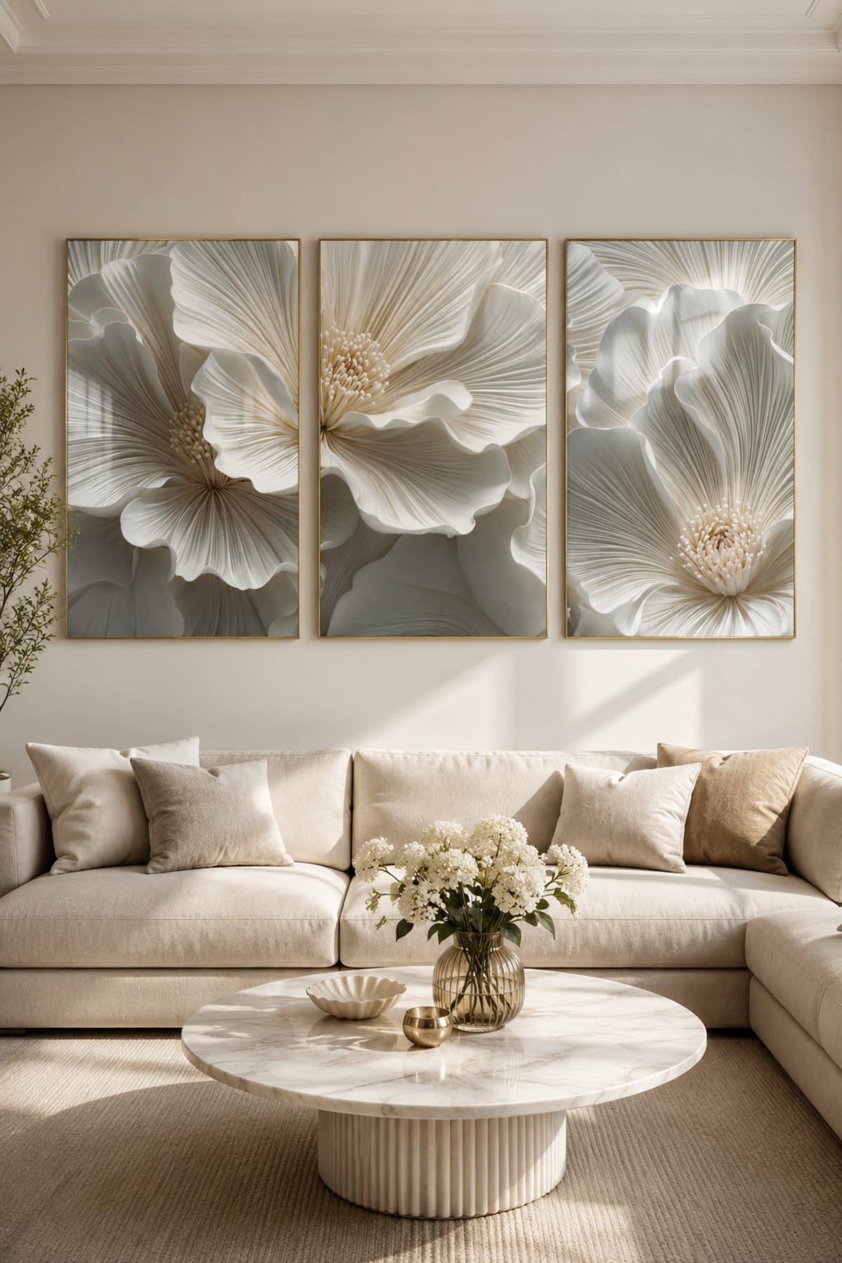 Ivory Bloom - Gerçek Cama Baskı Gold Alüminyum Metal Çerçeveli Üçlü Modern Cam Tablo görsel 2