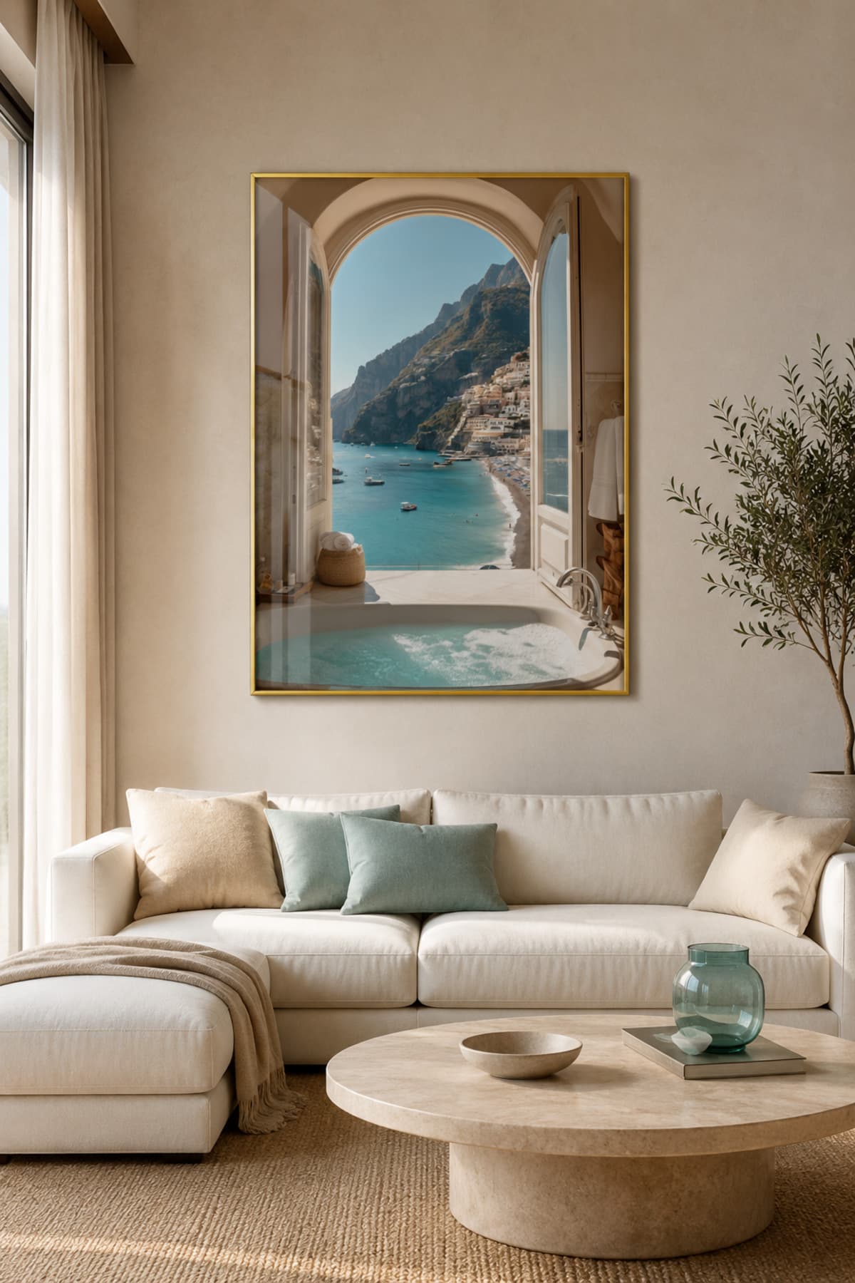 Grotto - Gerçek Cama Baskı Gold Alüminyum Metal Çerçeveli Tekli Modern Cam Tablo görsel 2