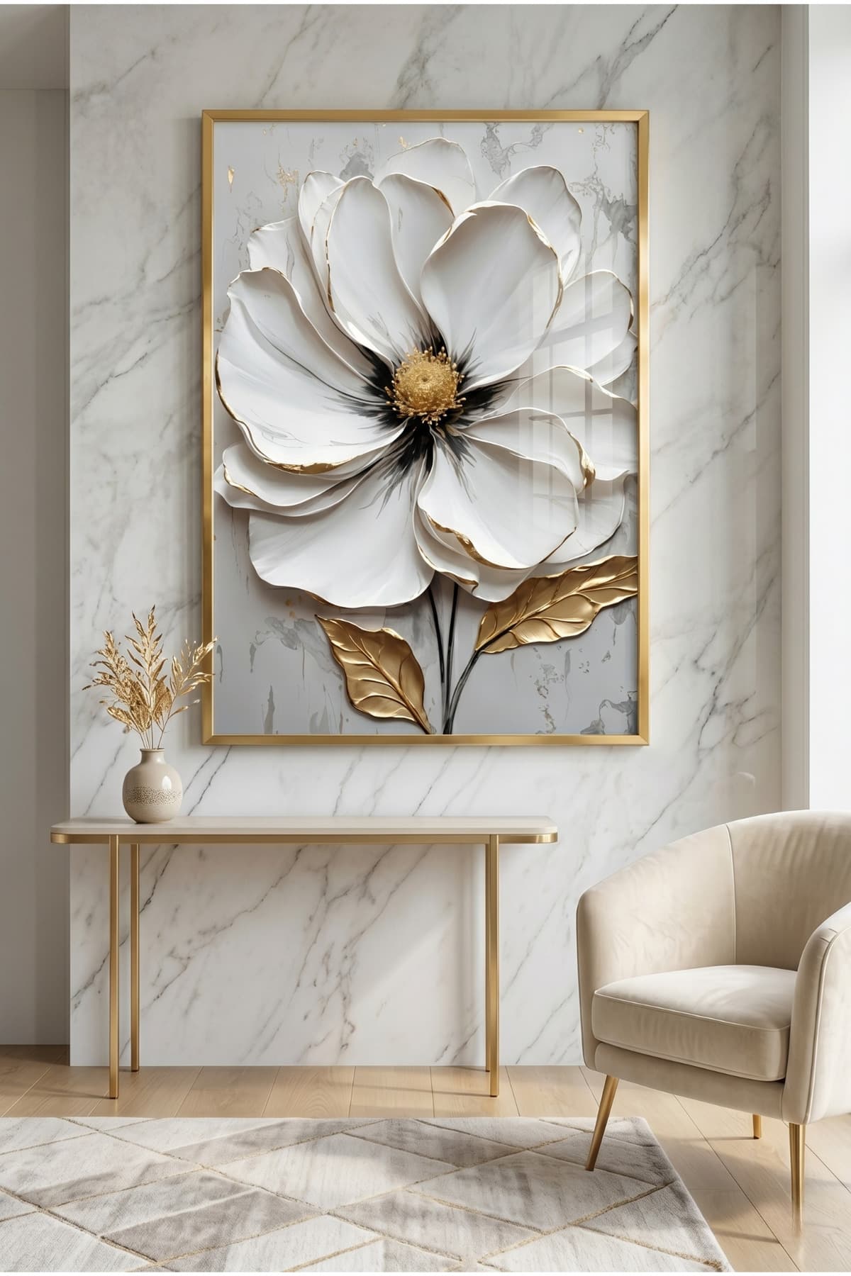 The Golden Touched White - Gerçek Cama Baskı Gold Alüminyum Metal Çerçeveli Tekli Modern Cam Tablo görsel 2