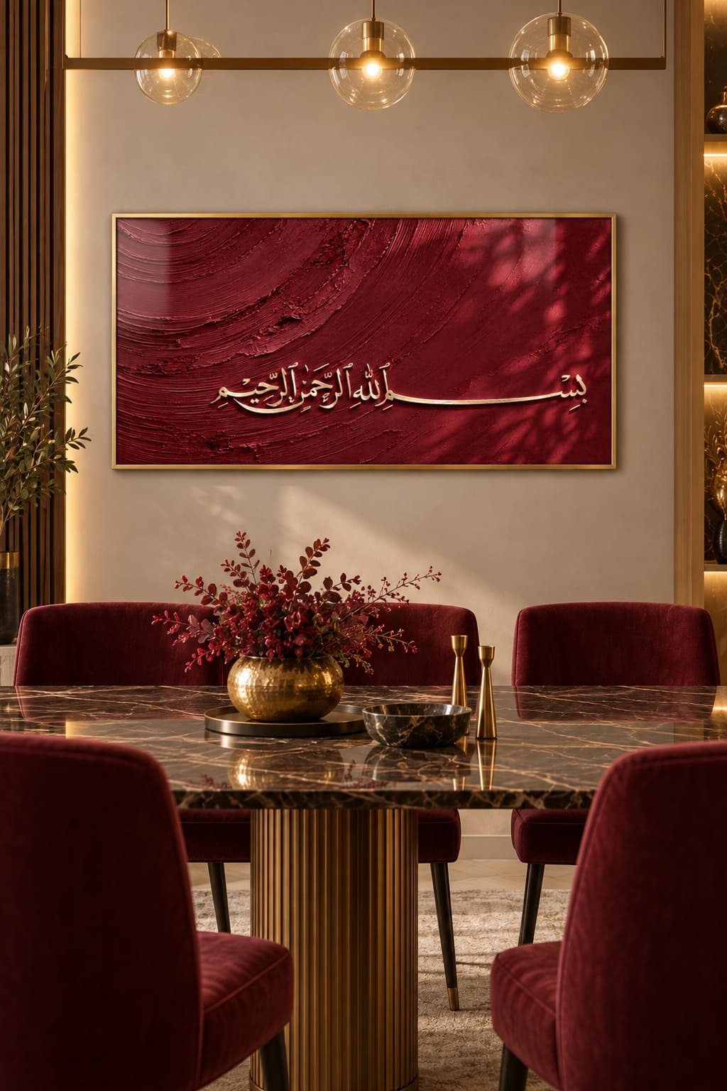 Bismillahirrahmanirrahim Bordo - Gerçek Cama Baskı Gold Alüminyum Metal Çerçeveli Tekli Modern Yatay Cam Tablo görsel 2