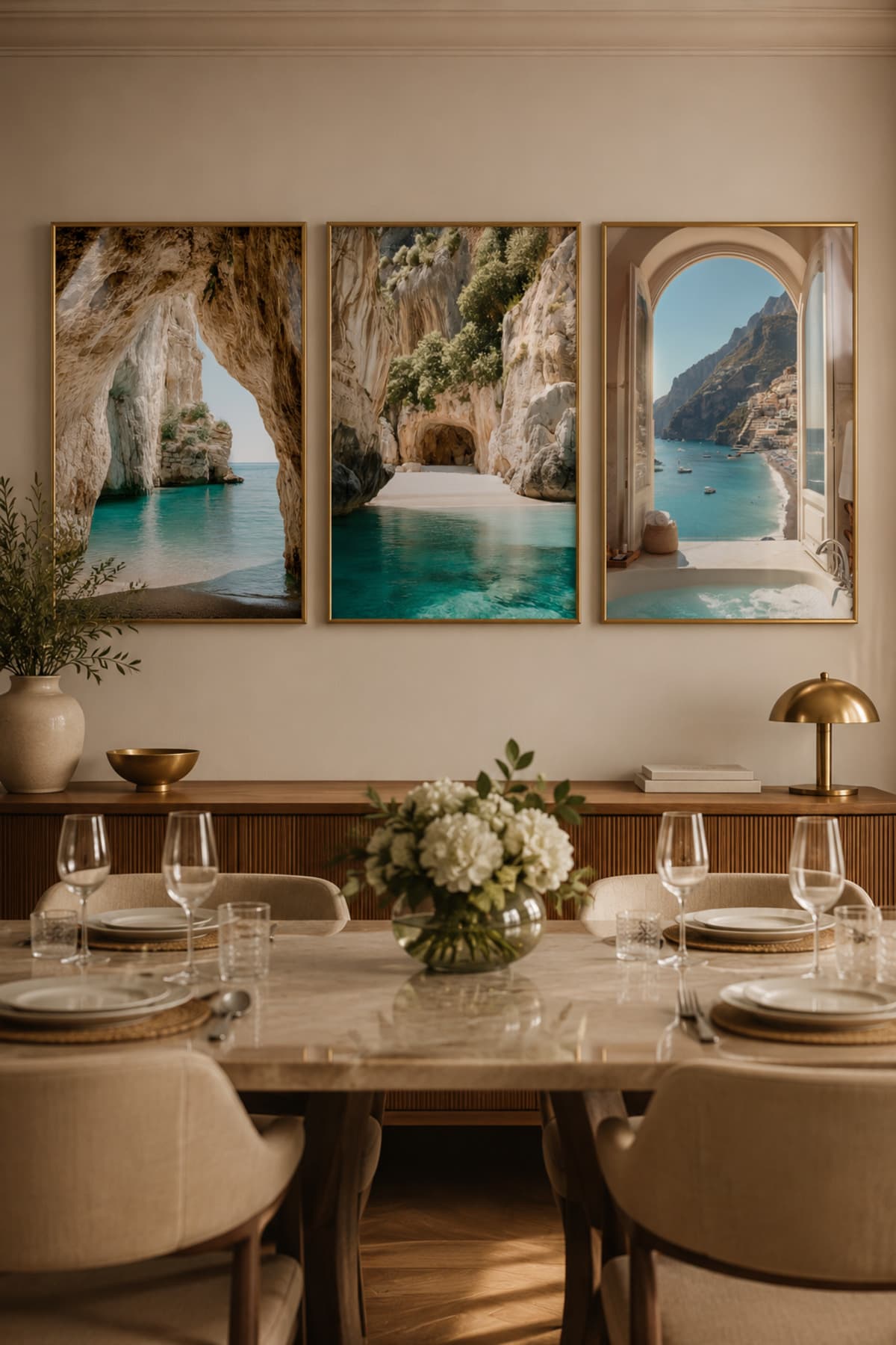 Grotto - Gerçek Cama Baskı Gold Alüminyum Metal Çerçeveli Üçlü Modern Cam Tablo görsel 2