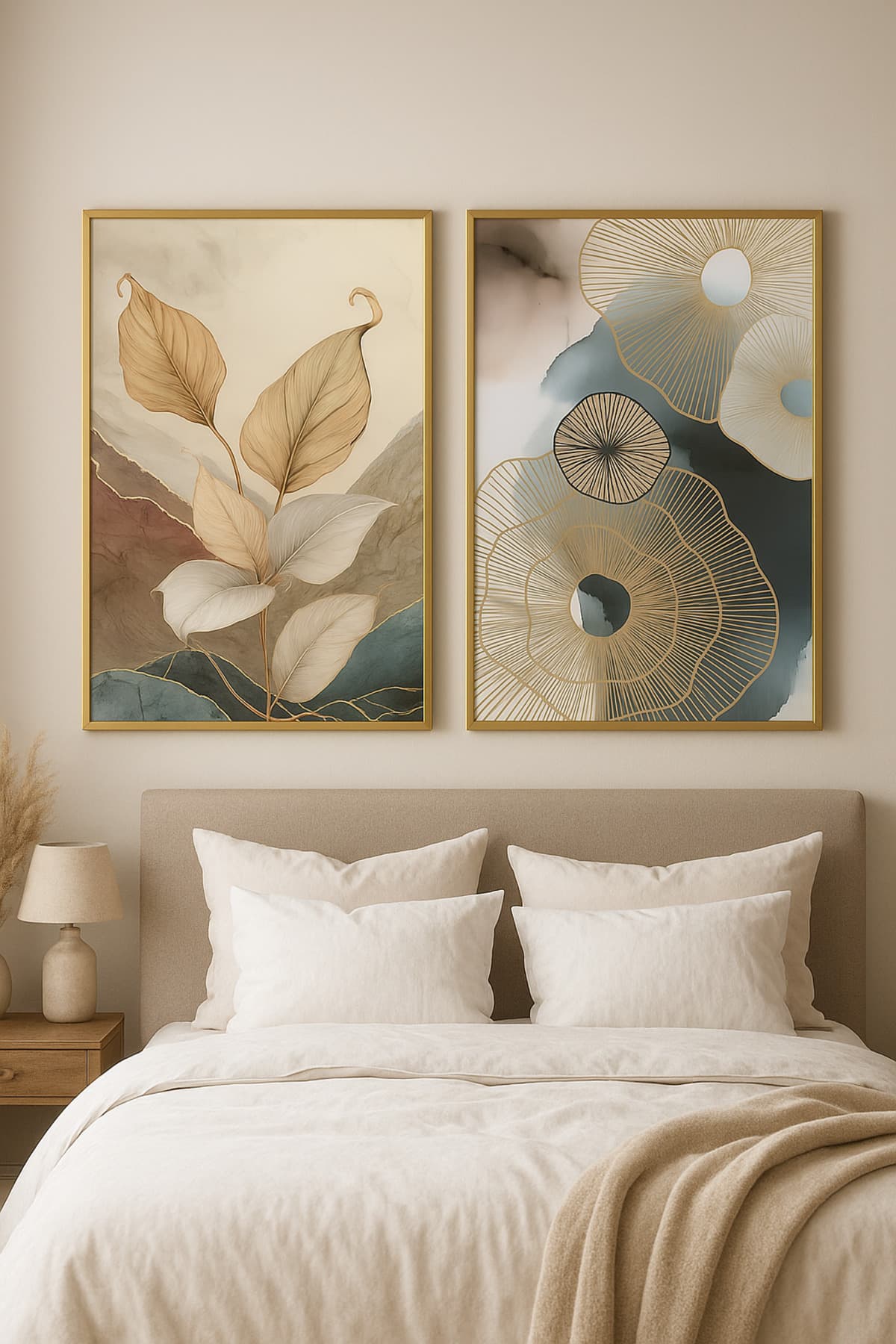 Necturne - Gerçek Cama Baskı Gold Alüminyum Metal Çerçeveli 2'li Modern Tablo görsel 3