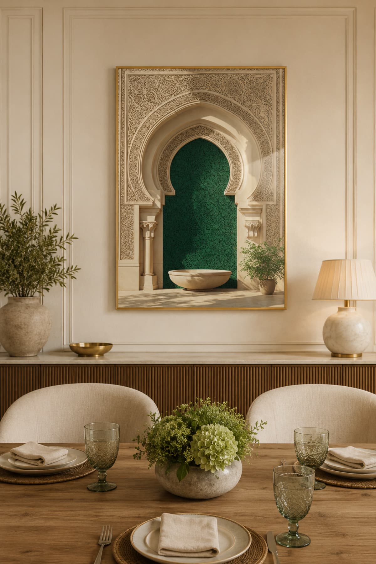 Emerald Arch - Gerçek Cama Baskı Gold Alüminyum Metal Çerçeveli Tekli Modern Cam Tablo görsel 2