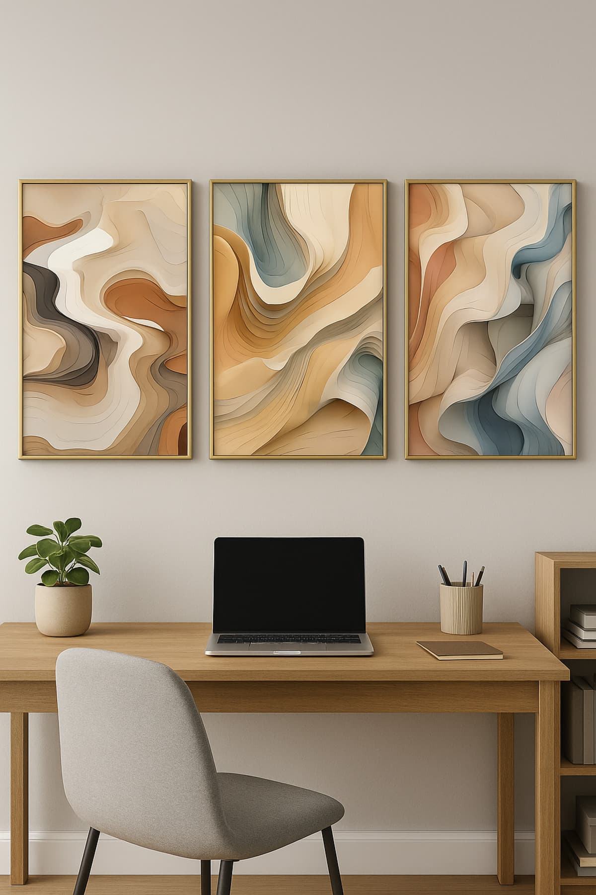 Layers of Serenity Soyut – Gerçek Cama Baskı Gold Alüminyum Metal Çerçeveli 3'lü Modern Tablo görsel 3