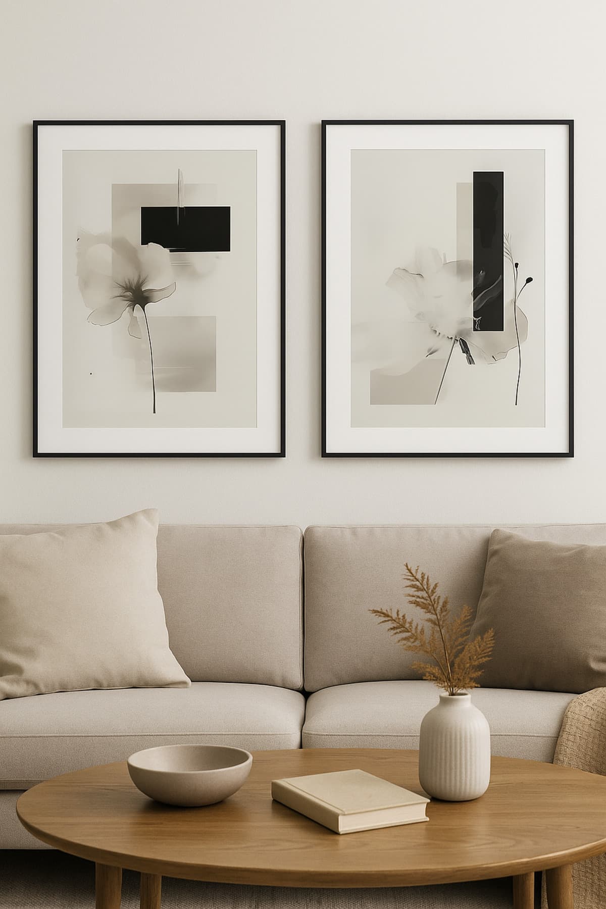 Minimalist Çiçek Soyut - Gerçek Cama Baskı Siyah Alüminyum Metal Çerçeveli 2'li Modern Tablo görsel 2