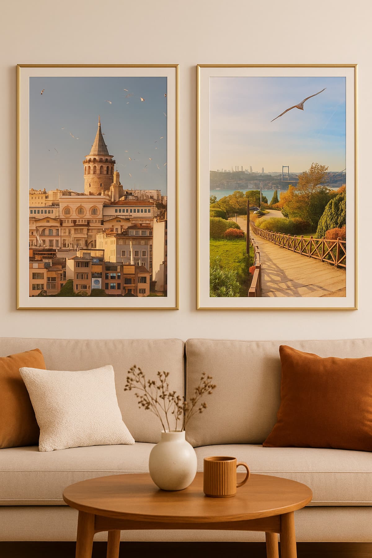 İstanbul'da Bir Gün - Gerçek Cama Baskı Gold Alüminyum Metal Çerçeveli 2'li Modern Tablo görsel 3