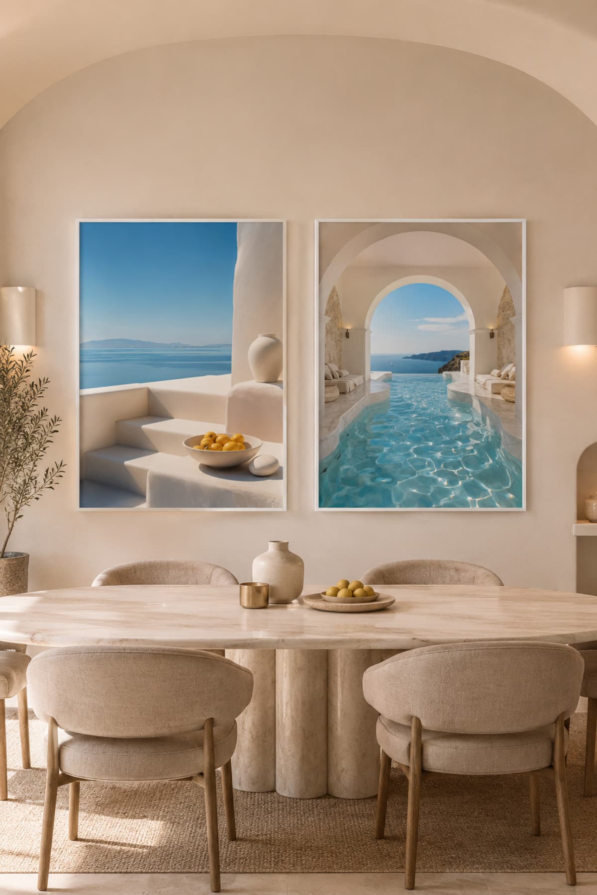 Santorini - Gerçek Cama Baskı Beyaz Alüminyum Metal Çerçeveli İkili Modern Cam Tablo görsel 2