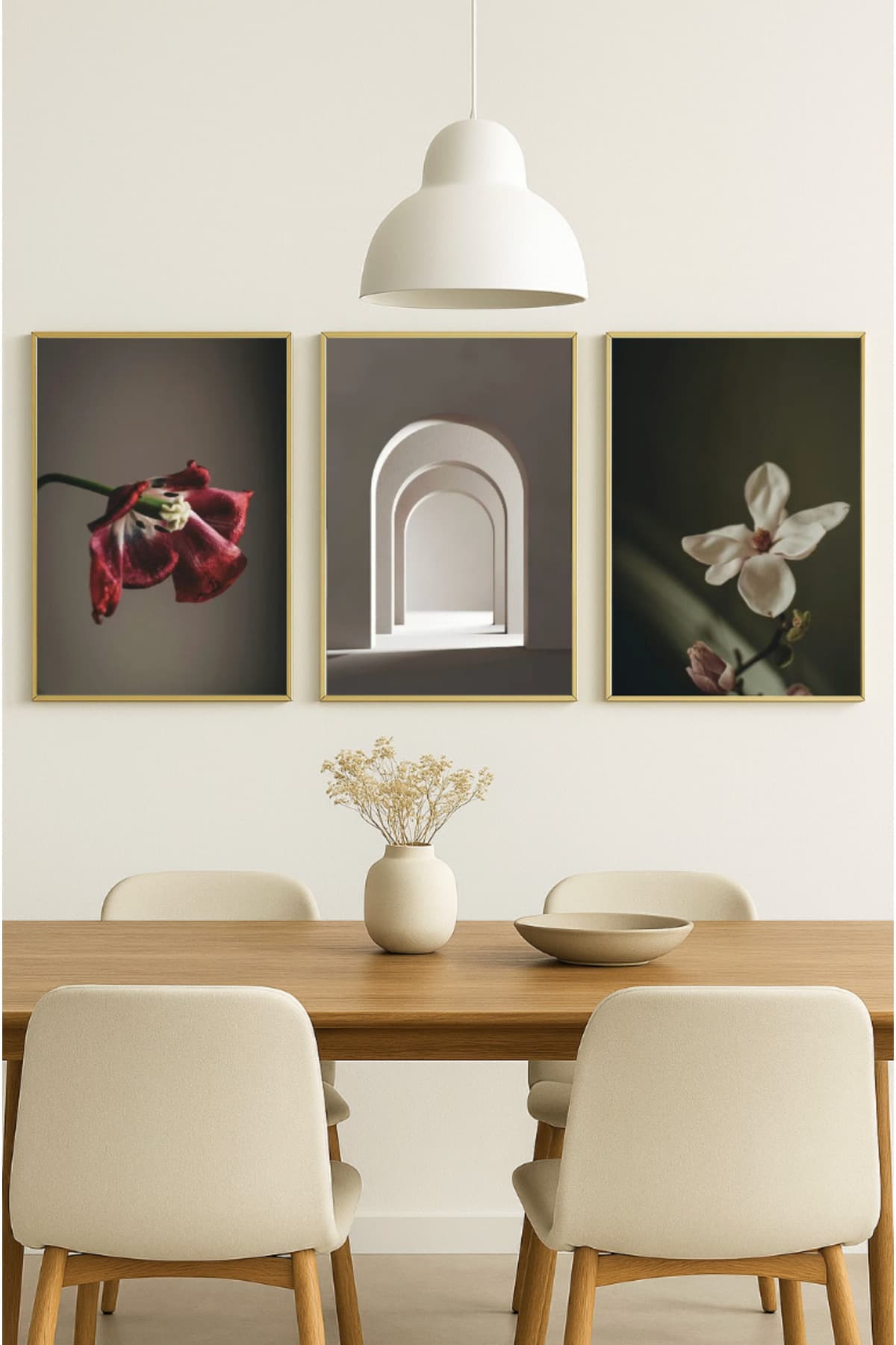 Çiçekler Arasında - Gerçek Cama Baskı Gold Alüminyum Metal Çerçeveli 3'lü Modern Tablo görsel 2