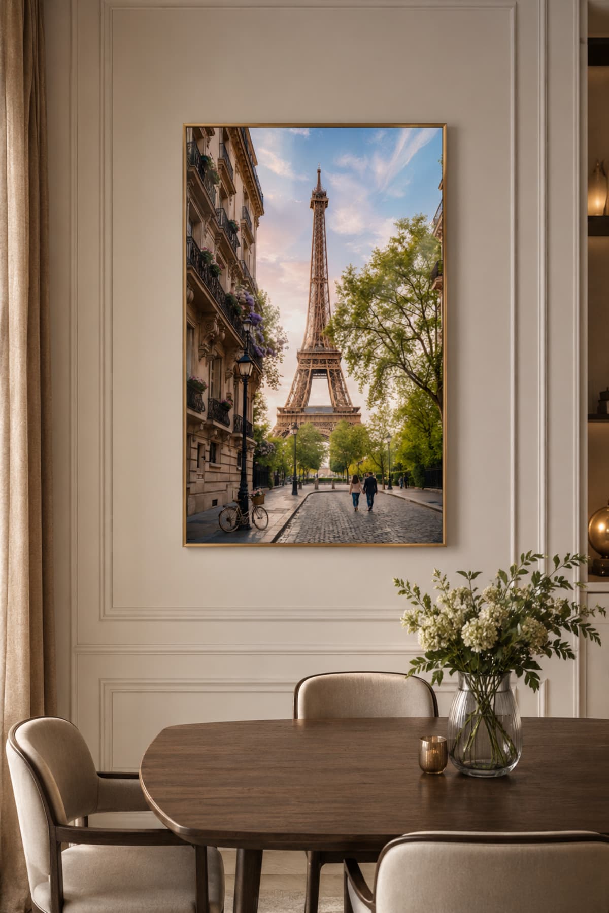 Paris Düşü - Gerçek Cama Baskı Gold Alüminyum Metal Çerçeveli Tekli Modern Cam Tablo görsel 2